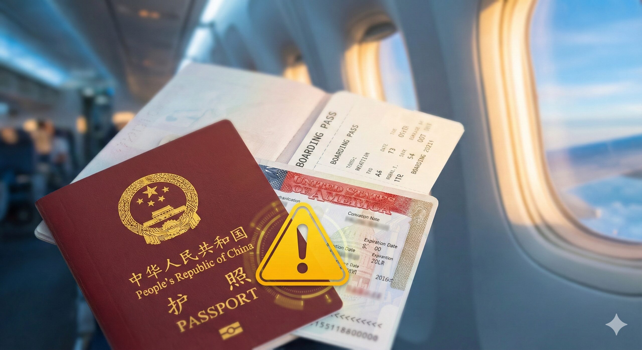 图片应以现代、专业的风格展示美国入境的核心主题。画面主体应是一个特写镜头，聚焦于一本中华人民共和国护照（红色封面，五角星图案）和一张印有美国签证的页面，旁边放置一张登机牌。背景是模糊处理的机场或飞机舷窗外的蓝天白云，营造出即将旅行的氛围。护照有效期部分（可抽象化为数字区域）被一个醒目的黄色或红色警告标志（如一个感叹号或一个倒计时时钟）覆盖，强调'有效期不足'的紧迫感。整体色调应偏向冷静的蓝色和专业的灰色，配以暖色调的光线，突出旅行的希望与风险并存的主题。构图采用黄金分割，将护照和警告元素置于视觉焦点。