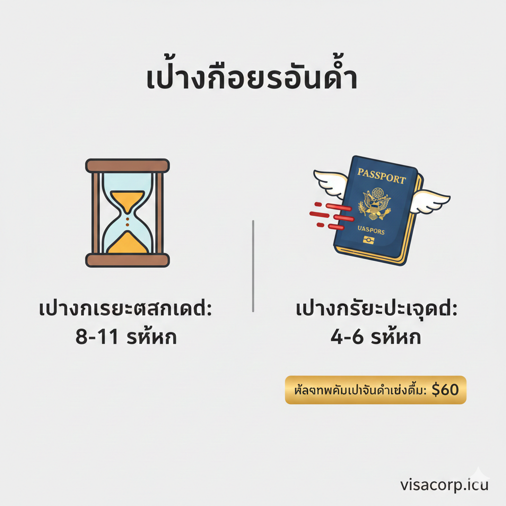 此图用于突出加急服务的优势和费用。画面左侧是一个标准处理的沙漏图标，标明“8-11周”，颜色较暗淡。画面右侧是一个带有翅膀或速度线的护照本图标，标明“加急处理：4-6周”，颜色明亮且充满活力，例如使用金色或红色。底部用一个小标签突出显示“额外$60加急费”，强调以金钱换取时间的价值。构图采用水平对比，体现速度和效率，背景应简洁。