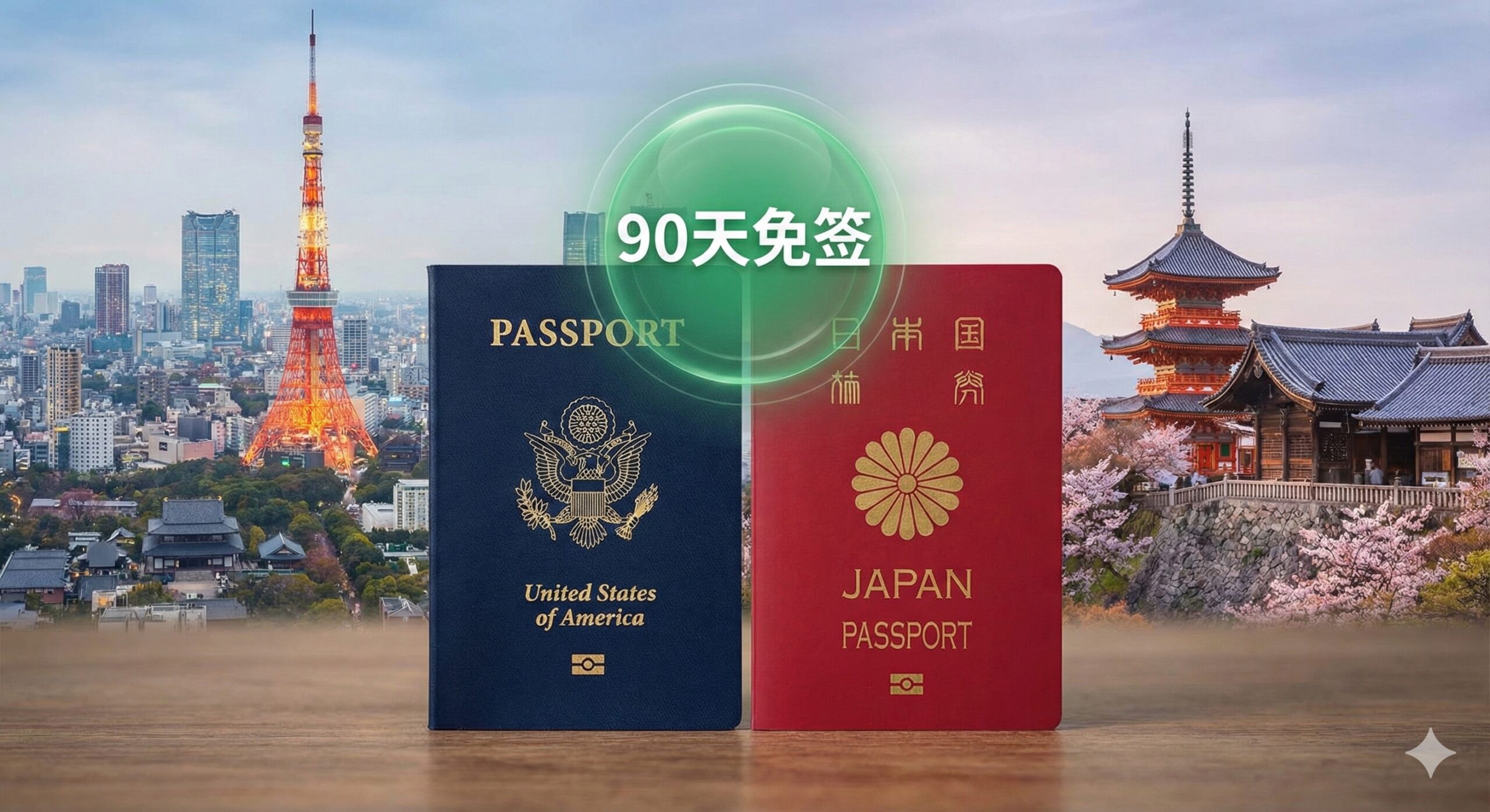 设计一张富有对比和吸引力的封面图。画面主体是并列放置的美国护照（深蓝色）和日本护照（红色），背景虚化为东京的现代摩天大楼（如晴空塔或东京塔）与京都的传统日式寺庙/樱花景观的融合。护照上方有一个透明的绿色'90天免签'的叠加文字/标志，突出短期免签政策。整体色调应是现代感与传统美学的结合，突出中美日的元素。构图应将护照置于视觉中心，寓意通行便利。