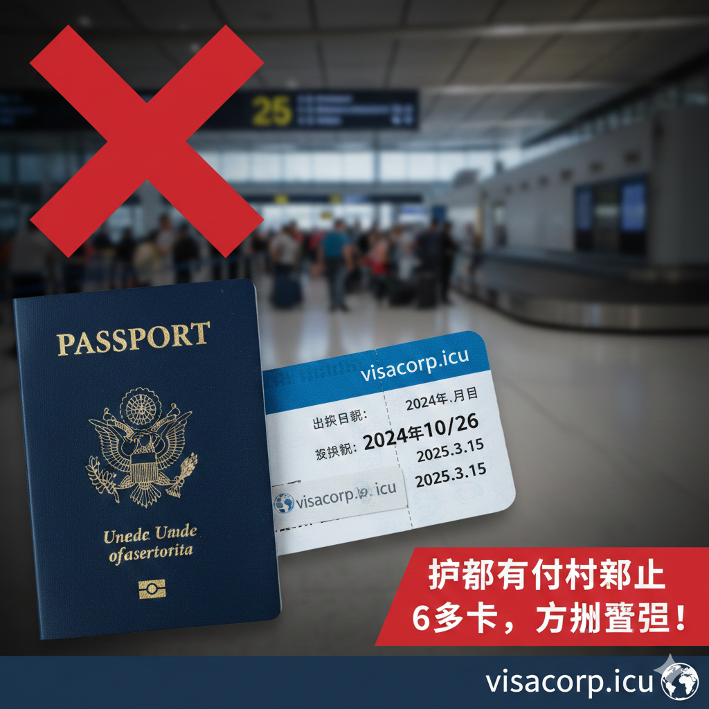一张引人注目的封面图,主视觉是摊开的美国护照,护照封面上方有一个大大的红色 'X' 标记,寓意 '不可以'。护照内页中有一张已订好但日期临近的机票或登机牌,其日期显示护照的剩余有效期不足6个月。背景是模糊的国际机场登机口和行李传送带,营造出紧张和旅程受阻的氛围。色彩以护照的蓝色和警告的红色为主,辅以旅行的金色/黄色,整体风格专业且带有紧迫感,强调'有效期不足半年'是出行的最大阻碍。
