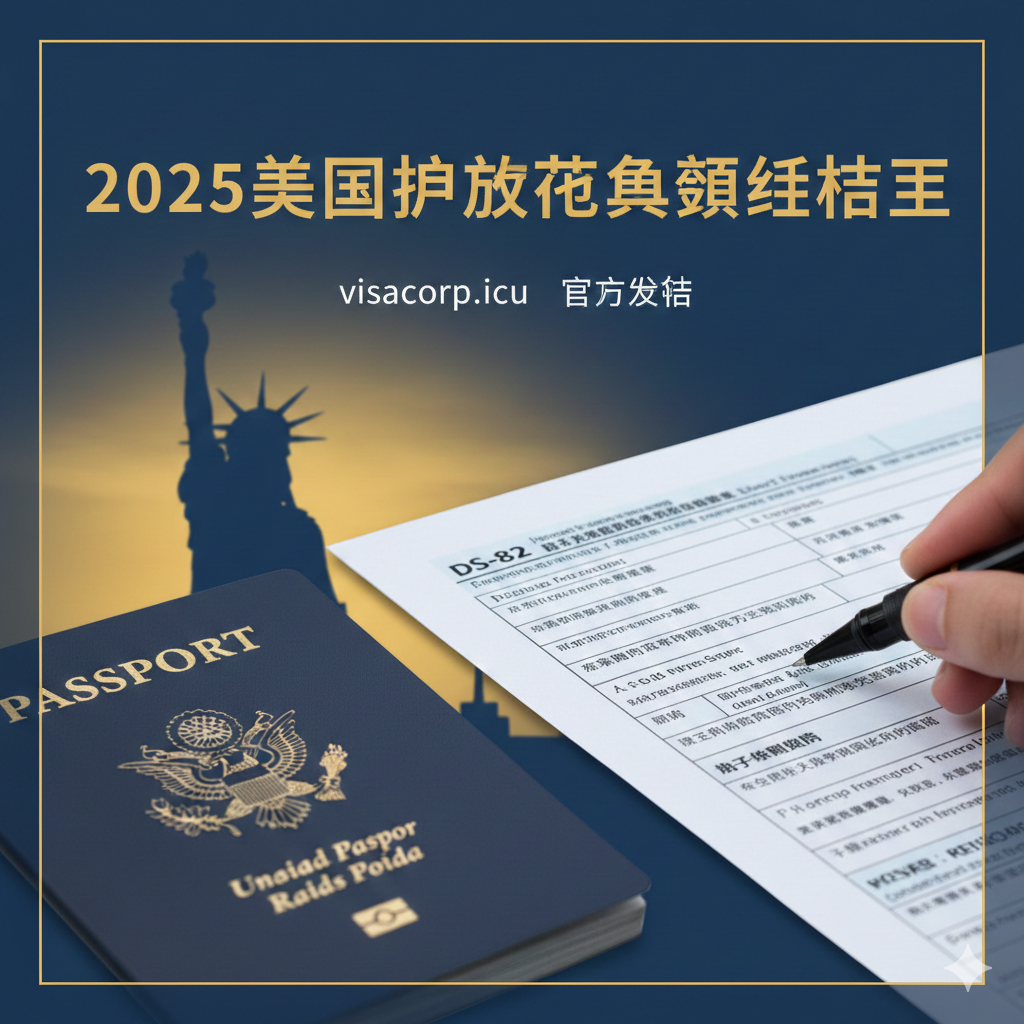 一张醒目的文章封面图。主体元素是左侧部分模糊处理的美国护照封面（深蓝色，金色国徽），右侧是一个清晰的、展开的DS-82表格局部，以及一支钢笔，强调“更换美国护照”的主题。背景是纽约自由女神像（Statue of Liberty）的剪影，象征美国公民身份。整体风格现代、专业，使用蓝色和金色作为主色调，标题醒目：2025美国护照更换终极指南。