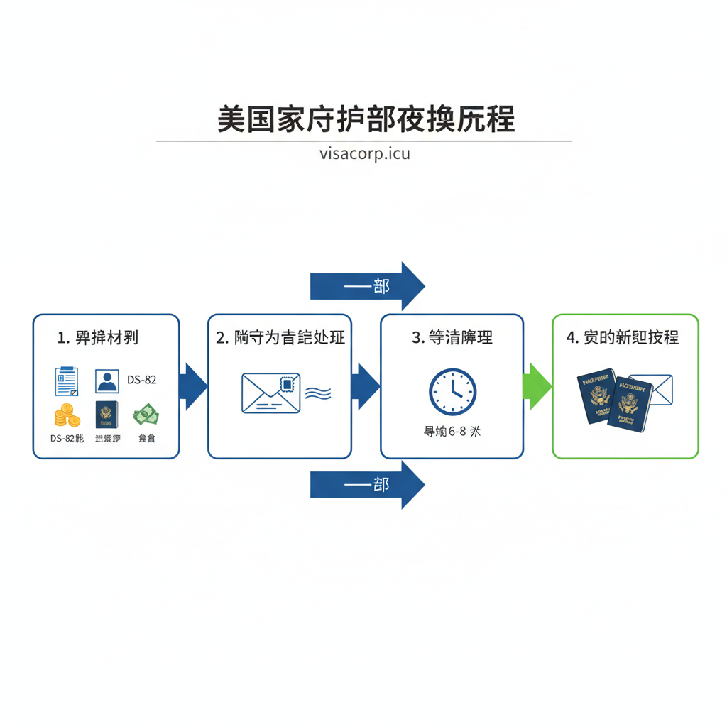 一张清晰的流程图，指导用户完成“境内更换美国护照”的步骤。流程从“准备材料（DS-82、照片、旧护照、费用）”开始，到“邮寄到指定地址”，再到“等待处理（6-8周）”和“收到新旧护照”，共3-4个关键步骤。每个步骤配有小图标（如信封、护照、时钟）。构图是水平或垂直箭头连接的模块，强调传统邮寄办理的教程，风格务实、步骤清晰。