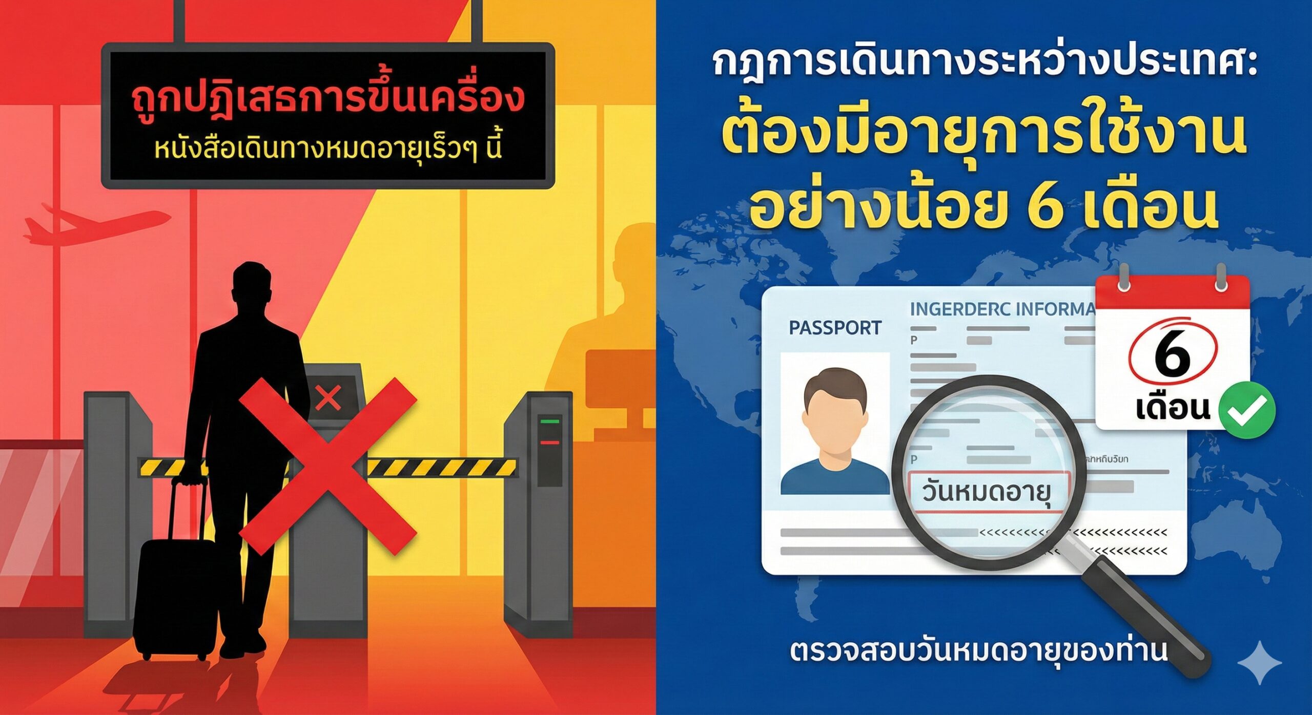 一张功能特性图，重点展示国际旅行中'6个月有效期'规则的重要性。画面分割成左右两部分，左侧展示一个国际机场的登机口和一位旅客被拒绝登机的剪影（用红色的叉号或停止标志表示），右侧清晰地展示护照信息页，旁边有一个放大镜聚焦在有效期日期上，并配上醒目的中文文本：“国际旅行：护照必须拥有6个月以上有效期”。色彩使用警告色（红、黄）和稳定色（蓝）对比，强调规则的严肃性和后果，视觉上直接传达“有效期不足的严重后果”这一核心功能信息。