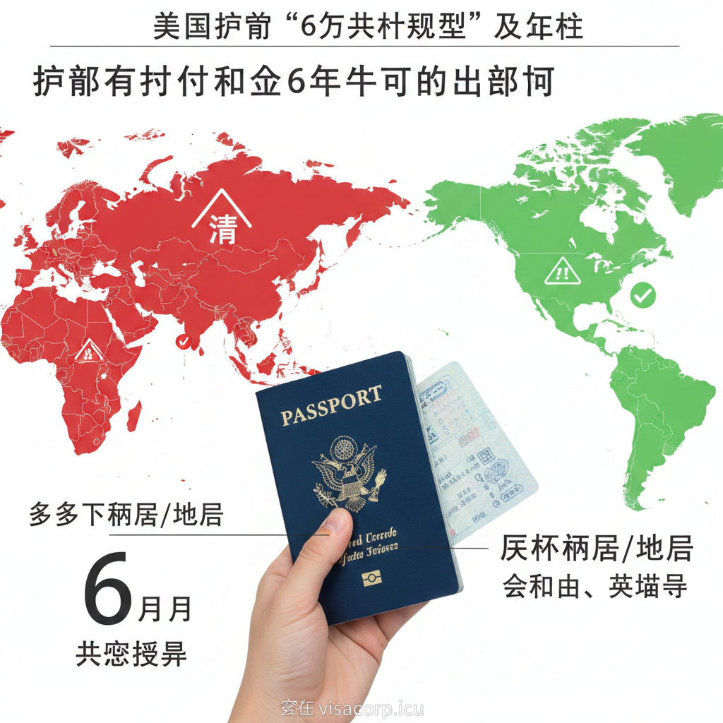 一张功能特性图,重点展示'6个月规则'和'例外国家清单'。构图采用对比方式:左侧是全球地图,大部分国家被标上红色警告符号和'6个月规则'字样;右侧是一小部分国家(如加拿大、墨西哥、英国)被标上绿色勾号和'例外'字样。中心放置一个放大的美国护照和一只手在翻阅,代表决策。下方用清晰的数字'6'和'个月'突出核心要求。整体风格信息图表化,色彩对比鲜明,突出信息点的易读性。