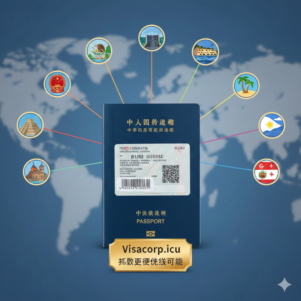 优势图片,突出持有美签/申根签的“隐藏福利”。画面核心应是一个打开的中国护照页面,在上面贴着一个清晰可见的“十年美国签证”(B1/B2)。从护照中延伸出多条彩色线条,分别指向墨西哥金字塔、巴拿马运河、菲律宾海滩等代表性地标的小图标。构图采用中心发散式,强调一张美签带来的连锁“通行证”效果,背景略微模糊,突出前景的护照和签证页,风格专业且具有吸引力,旨在鼓励读者解锁更多旅行目的地。