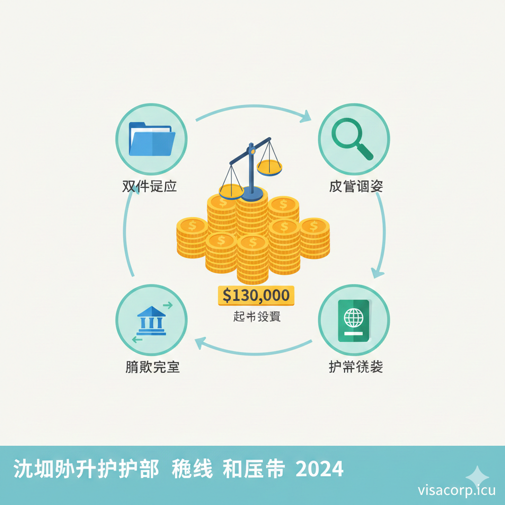 一张清晰简洁的扁平化风格流程图或等距插画,用于解释投资入籍的成本与流程。画面中心是一个天平或堆叠的金色硬币,标记“$130,000”起步资金,周围环绕着四个步骤图标:文件递交(文件夹)、背景调查(放大镜)、捐款完成(银行转账符号)和护照签发(盖章)。色彩搭配使用清新的蓝绿色调,背景为纯净的米白色,确保文字和图标信息清晰易读,帮助用户快速理解文章中关于费用结构和申请流程的段落。