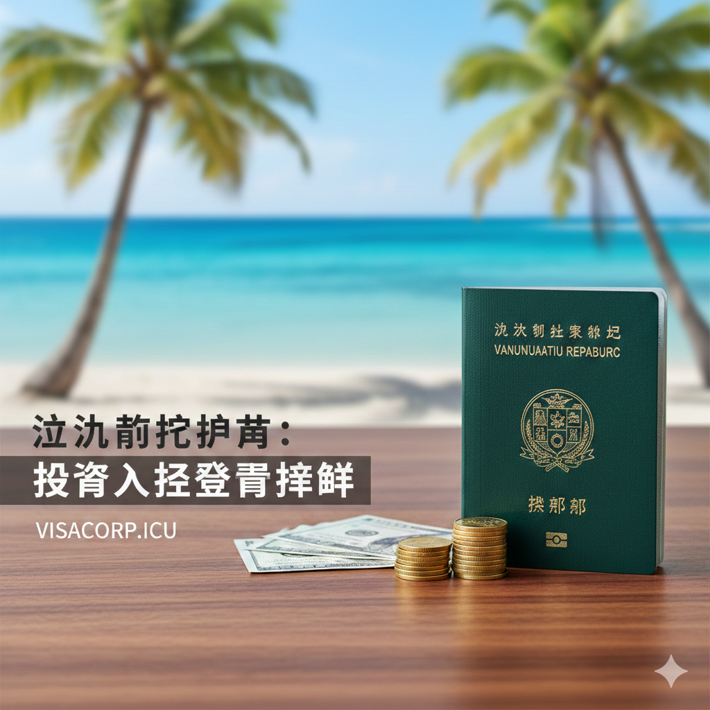 一张极具质感的封面图，前景展示一本深绿色的瓦努阿图护照，放置在高级胡桃木办公桌上。护照旁叠放着几枚金币或美元纸币，象征着投资与成本的核心主题。背景虚化，隐约可见瓦努阿图碧蓝的海水和椰林，将商务投资与热带风情完美融合。光线柔和明亮，采用高动态范围（HDR）摄影风格，画面左侧留有空白区域以便叠加标题文字，整体传达出高端、专业且透明的金融咨询氛围。