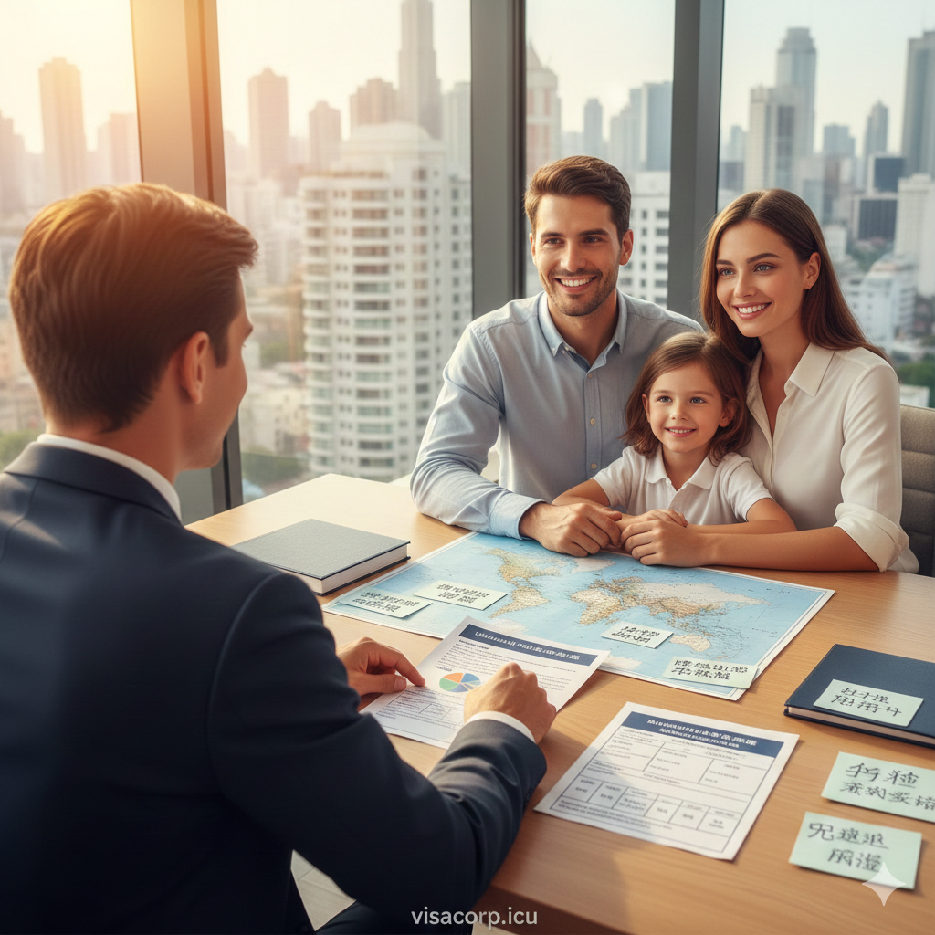 展示家庭申请场景的教程类图片。画面中是一对夫妇带着一个孩子，正在现代化的落地窗办公室里与一位专业的移民顾问（背对镜头）进行咨询。桌面上铺开着世界地图和申请表格，顾问手指正指向文件上的关键流程。窗外是繁华的城市天际线，室内光线温暖舒适，人物表情轻松自信，寓意一家三口申请瓦努阿图护照的流程简单、家庭团聚的愿景，同时也暗示了不同家庭结构费用的差异性。