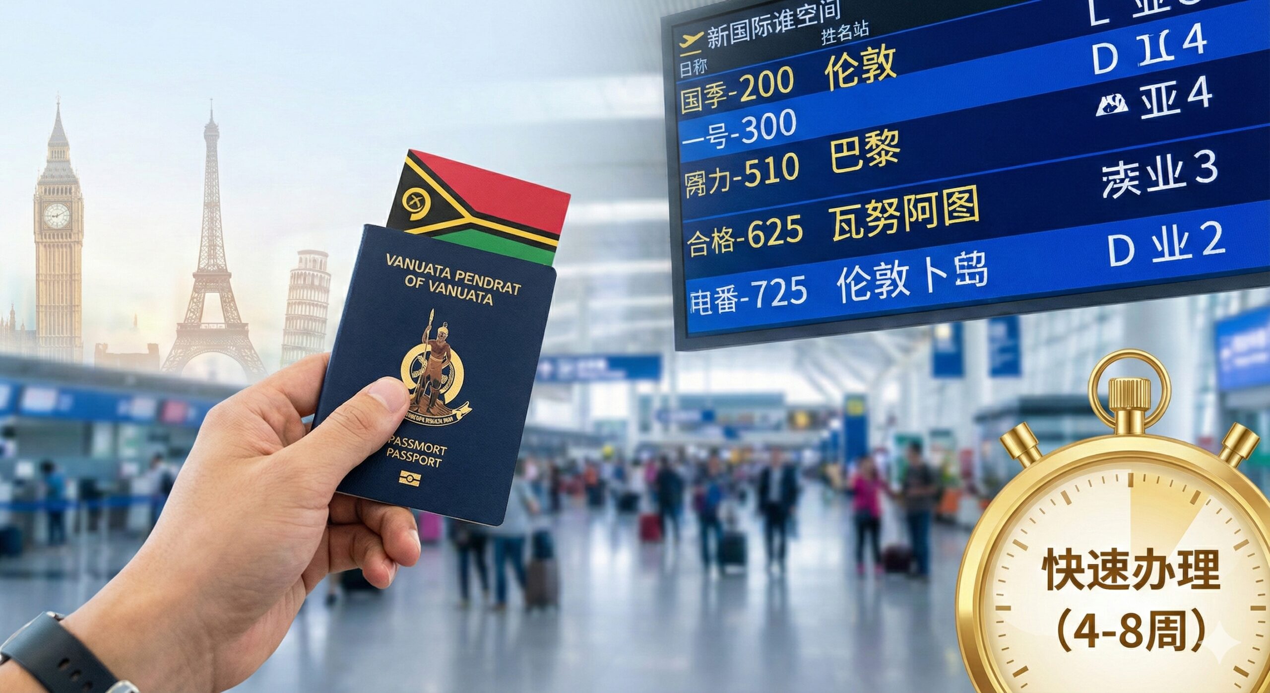 强调瓦努阿图护照'极速办理'和'全球免签'优势的图片。构图主体是一只手高举瓦努阿图护照，背景是模糊的国际机场出发大厅和航班时刻显示屏。画面右下角巧妙融入一个金色的沙漏或秒表元素，象征4-8周的快速获批时间。背景中还可以隐约看到英国或欧盟的标志性建筑剪影，暗示其强大的通行能力。色彩饱和度高，充满动感和自由的气息。