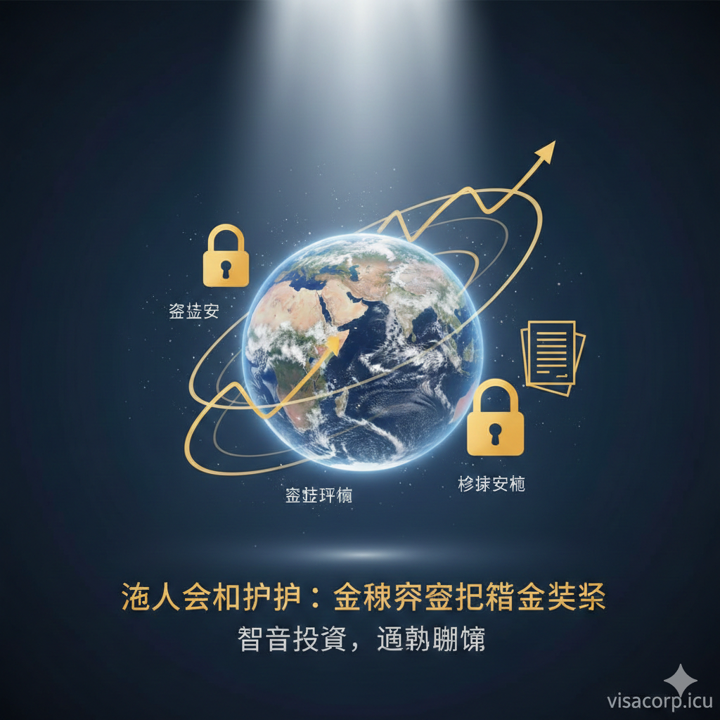 总结性的概念图，展示全球资产配置的宏大视野。画面中央是一个发光的地球仪，焦点位于南太平洋的瓦努阿图群岛。围绕地球仪的是抽象的金融增长曲线、金锁（象征资产安全）和税务规划的文档图标。光影效果采用戏剧性的聚光灯风格，突出瓦努阿图护照作为'避税天堂'和'未来基金'的高含金量，营造出一种智者投资、运筹帷幄的稳重感。