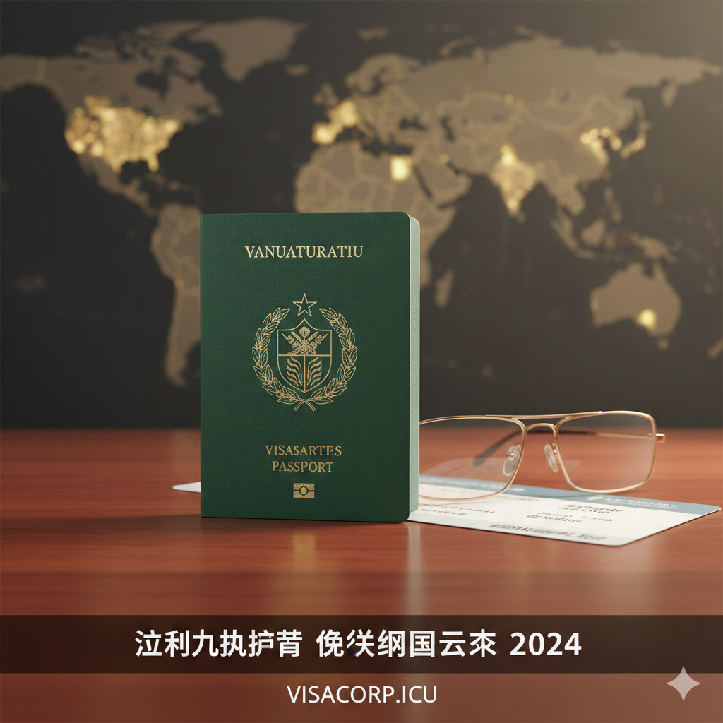 一张具有高端商务质感的主题封面图。画面中心是一本深绿色的瓦努阿图护照,放置在一张精致的红木办公桌上,护照旁压着一张飞往亚洲(如新加坡或香港)的登机牌和一副金边眼镜。背景是一张虚化的世界地图,地图上用金色光点微微点亮亚洲和中东区域,暗示2024年的通行优势。光线采用暖色调的侧光,突出护照上的金色国徽纹理,营造出全球出行、尊贵身份和自由通行的氛围,符合高净值人士的审美。
