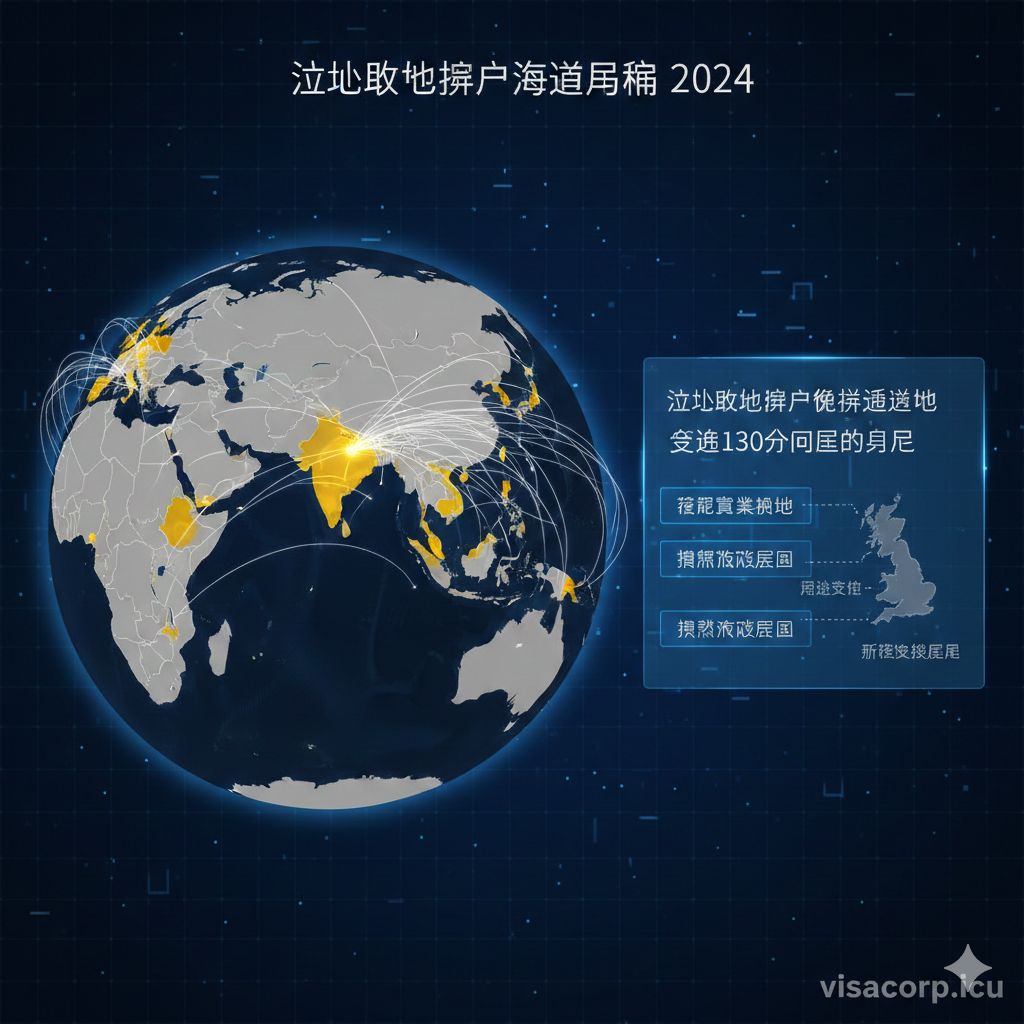 一张极具现代感的3D数据可视化地图,专门用于展示瓦努阿图护照的通行范围。地图采用深蓝色科技风格背景,重点高亮显示亚洲(香港、新加坡、马来西亚)、俄罗斯及大洋洲等免签区域,使用连接线将瓦努阿图与这些核心商业枢纽相连。画面右侧浮现半透明的UI界面,显示“130+ Destinations”字样,同时用灰色或虚线标注出英国和申根区的政策变化区域,通过视觉对比直观呈现“核心商业及热门旅游区域”的地理优势。