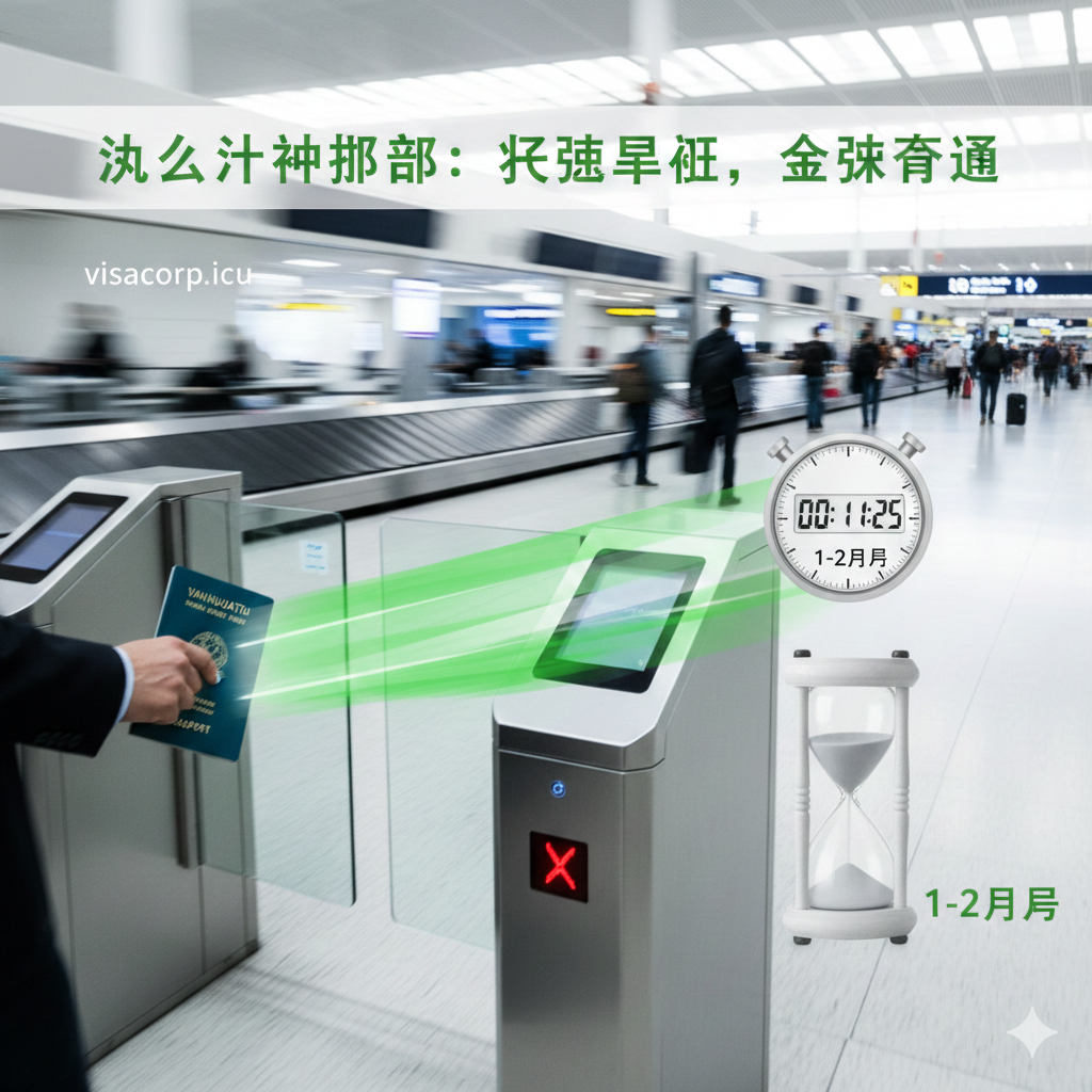 一张强调“速度”与“对比优势”的概念摄影图。画面前景是一只手正拿着瓦努阿图护照快速通过机场的电子闸机,背景采用动态模糊效果(Motion Blur),模拟机场的快节奏环境。画面一侧可以巧妙地融入一个秒表或沙漏的元素,沙漏中的沙子几乎流尽,象征着“1-2个月”的极速审批时间。整体色调明亮,使用充满活力的绿色和白色,以此视觉化表达文章中“瓦努阿图 VS 加勒比护照”部分提到的审批速度最快的核心卖点。