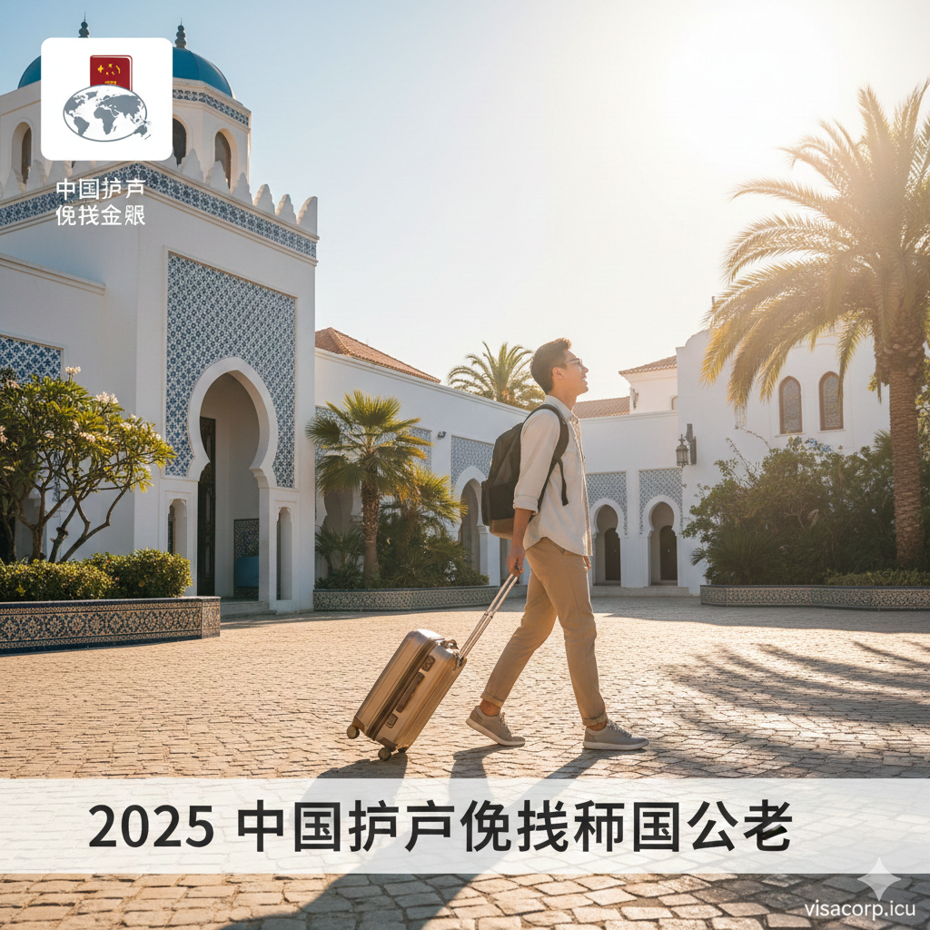 以深蓝色或墨绿色为背景色，象征全球旅行的专业与权威。画面中央是一个打开的中国护照，护照内页叠加着地球仪的半透明轮廓，并向外延伸出多条发光的金色或银色线条，连接着代表不同国家的小旗帜或地标剪影（如巴黎铁塔、自由女神像、泰国寺庙）。使用高端、专业的视觉风格，体现“2025年中国护照免签国家列表”主题，强调“朋友圈扩大”的动态感。构图居中且富有深度。