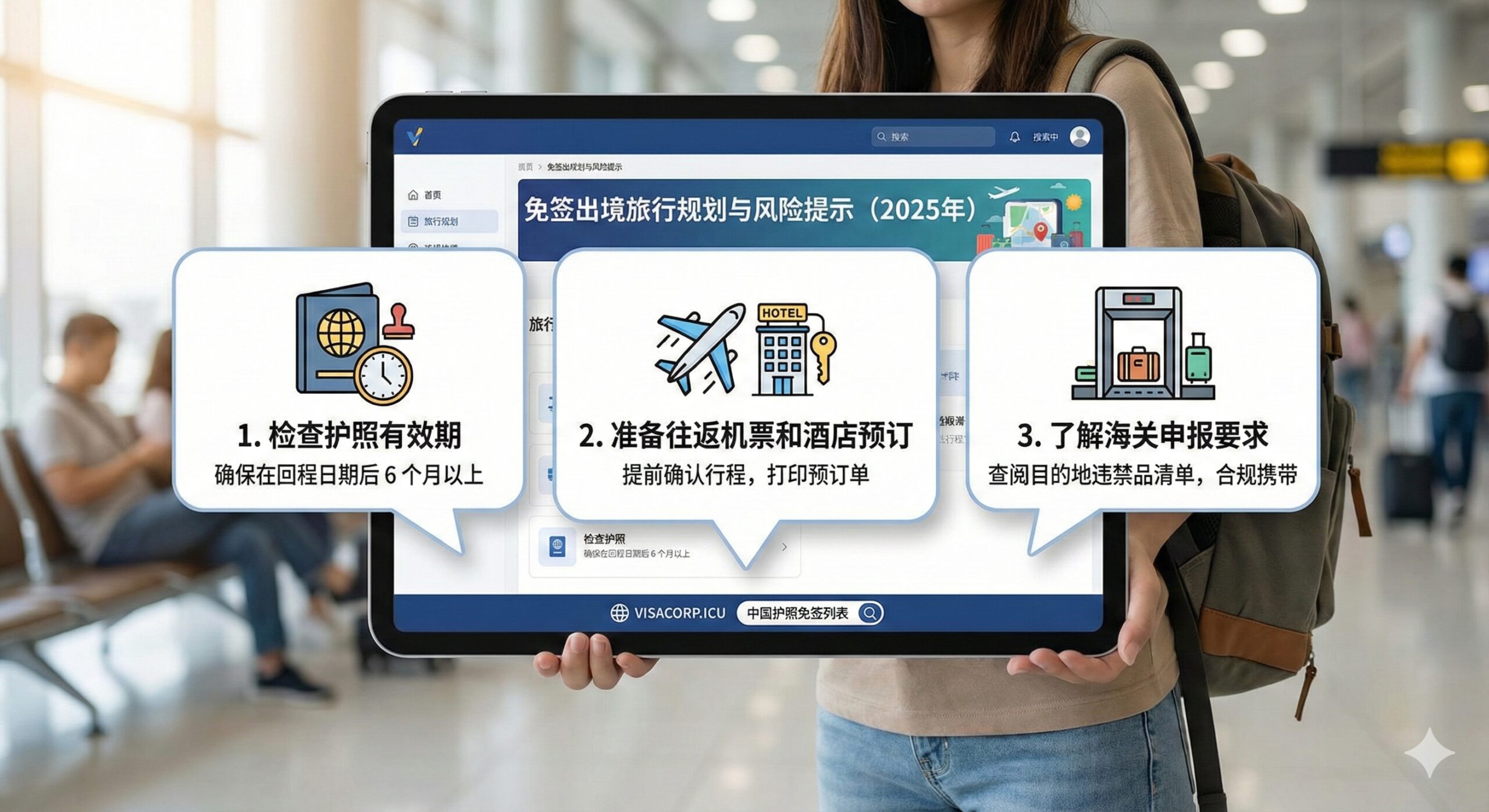 教程图片，针对“免签出境旅行规划与风险提示”部分。画面主体是一位正在使用手机或平板电脑查询旅行信息的亚洲面孔旅行者，背景模糊处理为机场或旅行场景。在屏幕上用气泡形式重点展示三个关键步骤/提示：1. 检查护照有效期（配护照图标和“6个月以上”字样）；2. 准备往返机票和酒店预订（配机票和酒店图标）；3. 了解海关申报要求（配海关X光机图标）。风格明亮、实用，指导用户如何避免旅行风险。