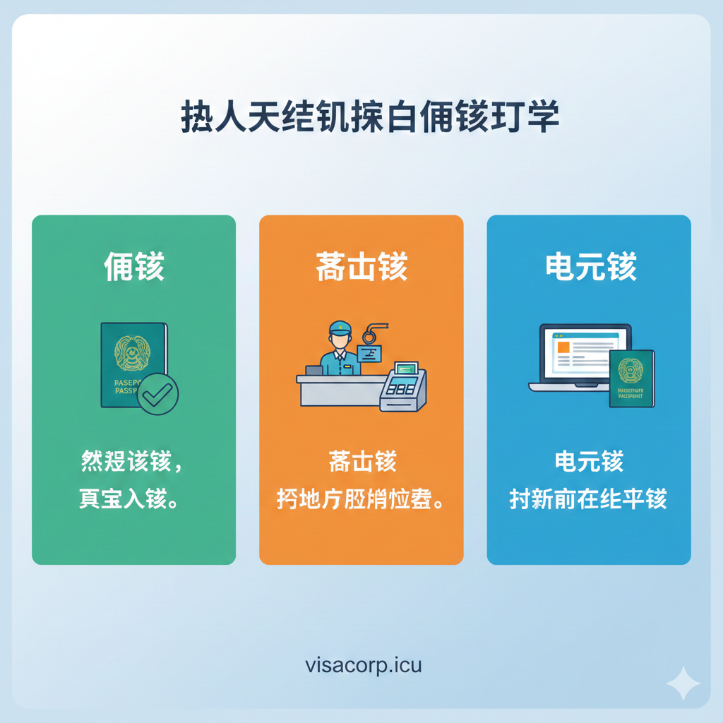 一张用于解释和区分不同签证类型的教程图。将“免签 (Visa-free)”、“落地签 (VOA)”、“电子签 (eTA)”三种类型以三宫格或并列卡片的形式清晰展示。每个类型配上一个简洁的图标：免签（绿色对勾和护照）、落地签（机场海关柜台和护照）、电子签（笔记本电脑屏幕上的表格）。下方用简短的文字说明其定义和主要区别（例如：免签=直接走；落地签=到达后缴费；电子签=提前在线申请）。使用信息图表 (Infographic) 风格，配色清晰、对比鲜明，便于读者快速理解。