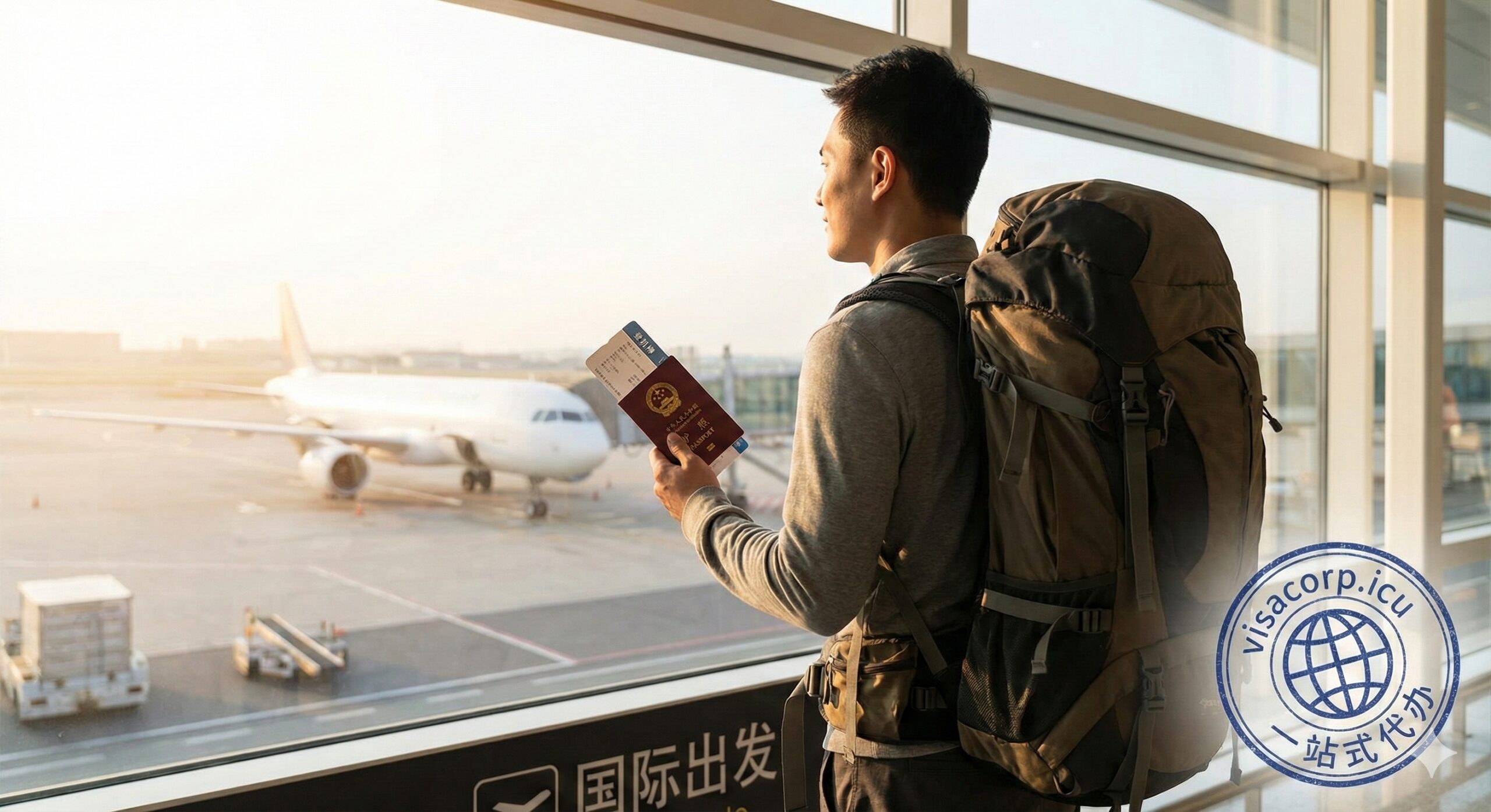 总结性场景图，描绘一名背着旅行背包的旅客站在机场候机楼的落地窗前，手中拿着护照和登机牌，正望向窗外的飞机，神情轻松自信。图片右下角叠加visacorp.icu的品牌水印或'一站式代办'的印章图形，象征通过专业服务成功获签，即将开启顺利的巴西旅程。氛围积极向上，激发用户的行动欲望。