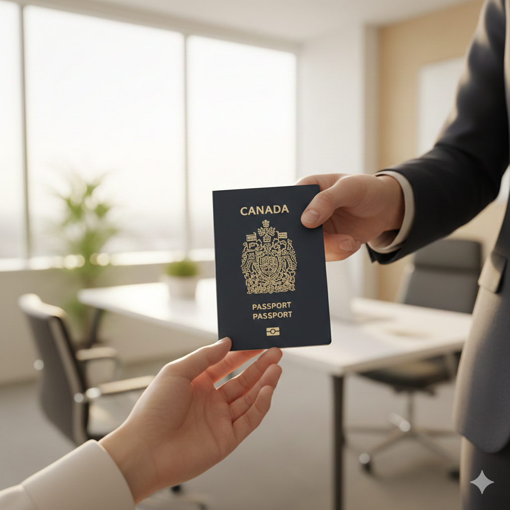 表现成功办理场景的特写图，展示一双穿着职业装的手（代表visacorp.icu顾问）将一本崭新的加拿大护照递交给客户。背景是模糊的高端办公室环境，光线温暖明亮，传递出信任、高效和安心的服务体验，作为文章结尾的行动号召，鼓励用户选择代办服务。