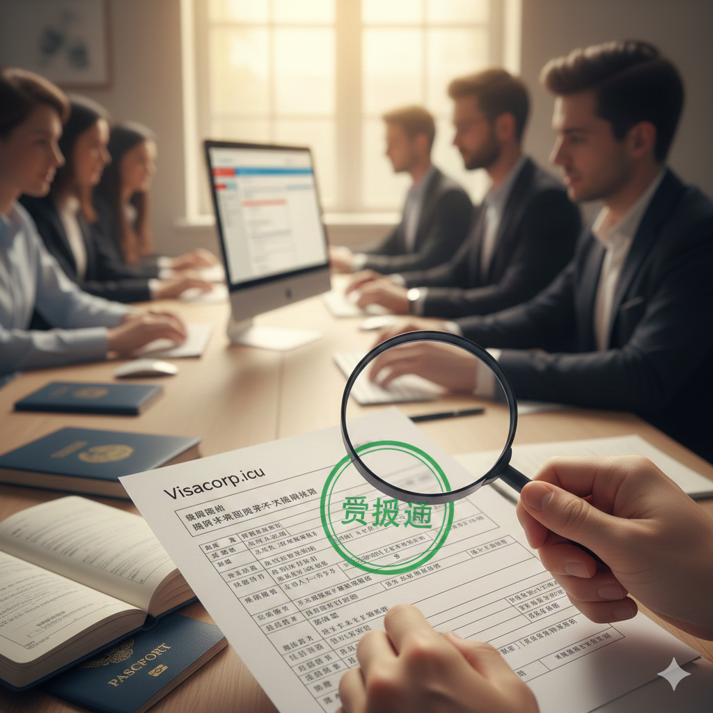 体现Visacorp.icu专业辅助优势的概念图。画面展示一只手拿着放大镜正在仔细检查一份打印好的申请表格，旁边盖有一个绿色的'Approved'（审核通过）印章。背景模糊可见专业的咨询顾问正在使用电脑工作，传递出严谨、细致的服务态度。光线采用暖色调的室内光，营造出安心、值得信赖的氛围，强调平台能帮助用户规避材料不齐和填表错误的风险。