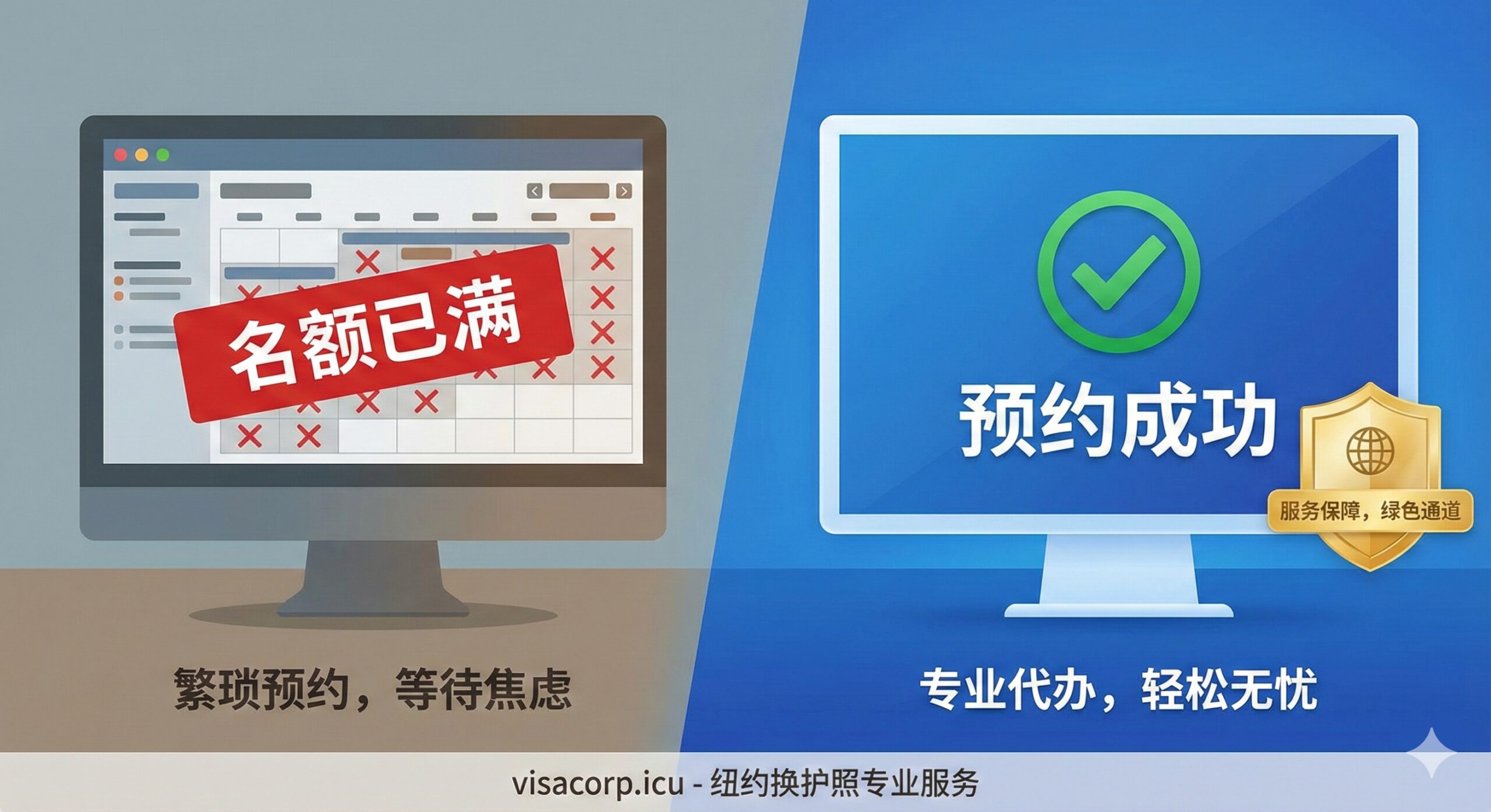 展示痛点解决与服务功能的对比图。左侧以略带灰暗的色调展示一个显示器屏幕，上面显示着复杂的预约日历和红色的“名额已满”警告；右侧则是明亮的商务蓝调，展示visacorp.icu的绿色通道概念图，一个绿色的勾选标记和“预约成功”的界面，伴有金色的盾牌图标象征保障。构图采用左右分割或渐变过渡，直观体现出代办服务解决预约难、材料繁琐问题的核心功能。