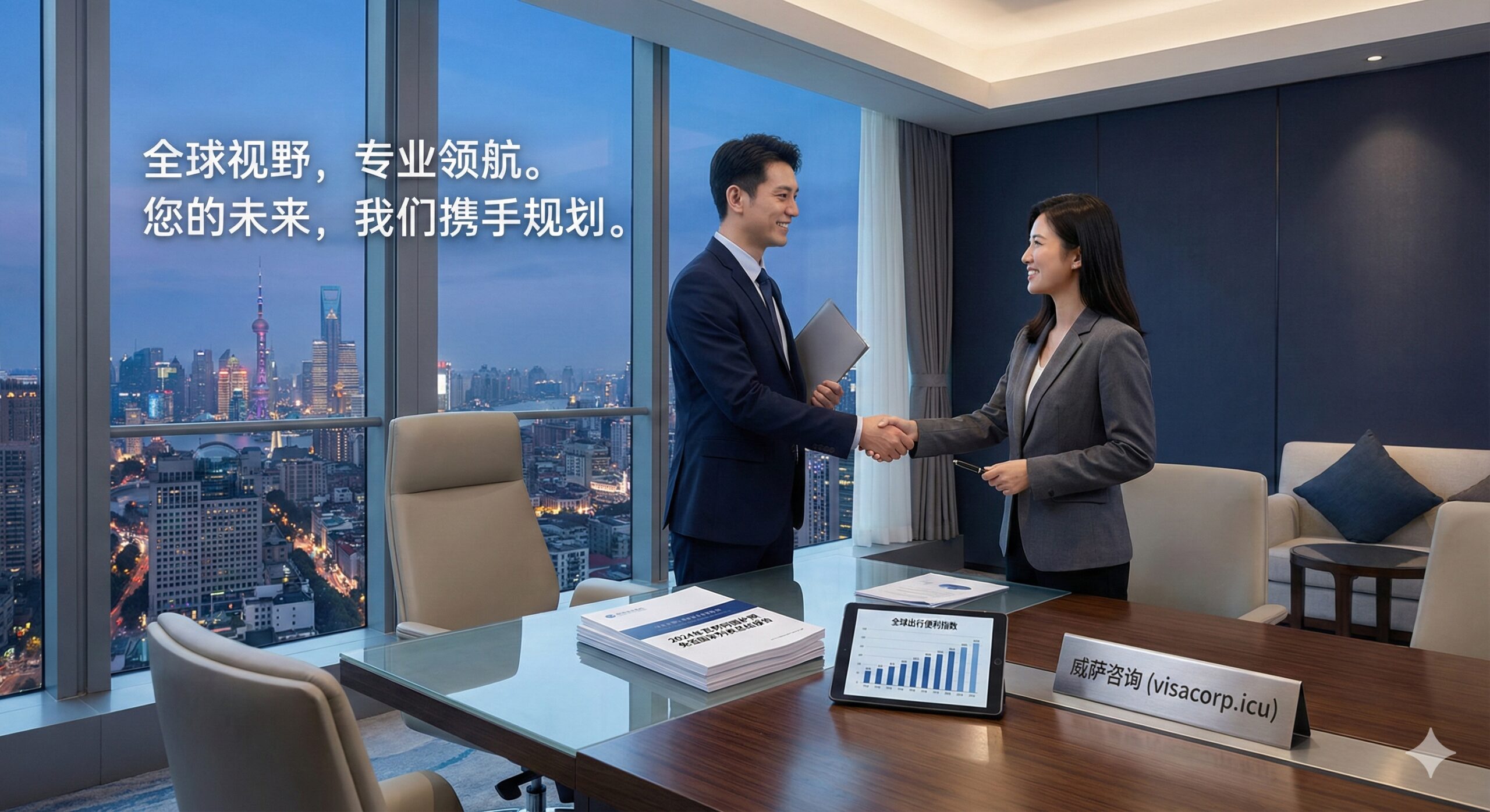一张展现专业咨询服务与信任感的结尾总结图片。场景设定在明亮的现代化办公室窗边,两名身着正装的商务人士(一名顾问和一名客户)正在进行愉快的交谈并握手,桌面上摆放着整理好的文件和visacorp.icu风格的铭牌。窗外是繁华的国际都市天际线,象征着广阔的全球视野。图片色调以稳重的海军蓝和高级灰为主,传达出专业、合规及值得信赖的品牌形象,引导用户进行最后的咨询转化。