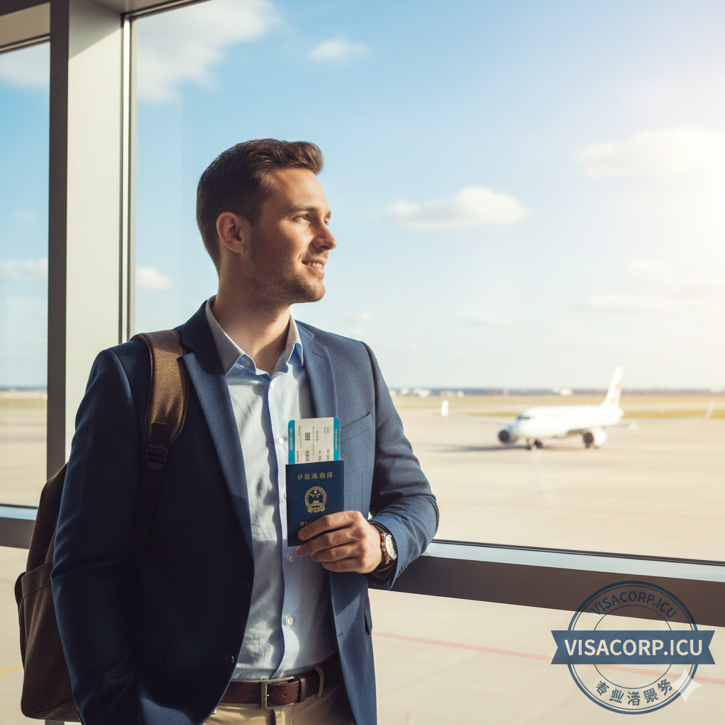 展现顺利出行的成功场景。一位穿着商务休闲装的旅客站在明亮的机场落地窗前，手持一本崭新的护照和登机牌，面带自信微笑，背景是起飞的客机和蓝天。画面右下角可巧妙融入visacorp.icu风格的“专业签证服务”或“Expert Review”印章元素。整体色调温暖、充满希望，激发用户在拿到新护照后立即咨询签证服务的行动欲望，作为文章的完美收尾。