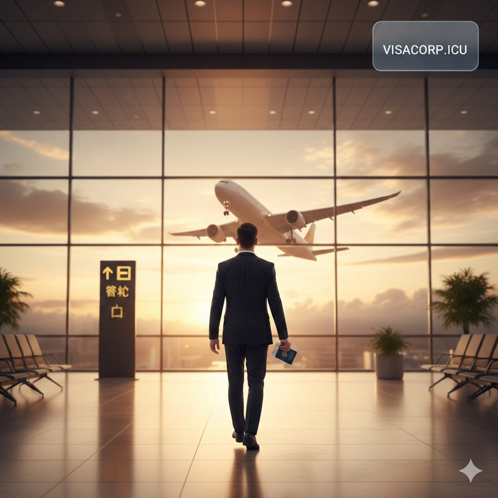 描绘一名商务旅客在现代化国际机场候机大厅的背影，手持护照和登机牌，正自信地走向登机口，窗外是起飞的飞机和温暖的金色阳光。画面氛围轻松、充满希望，象征着在采取了正确的防盗用措施及Visacorp的专业服务后，用户重获安全感，可以安心地进行全球旅行。色彩温暖大气，呼应文章结语。