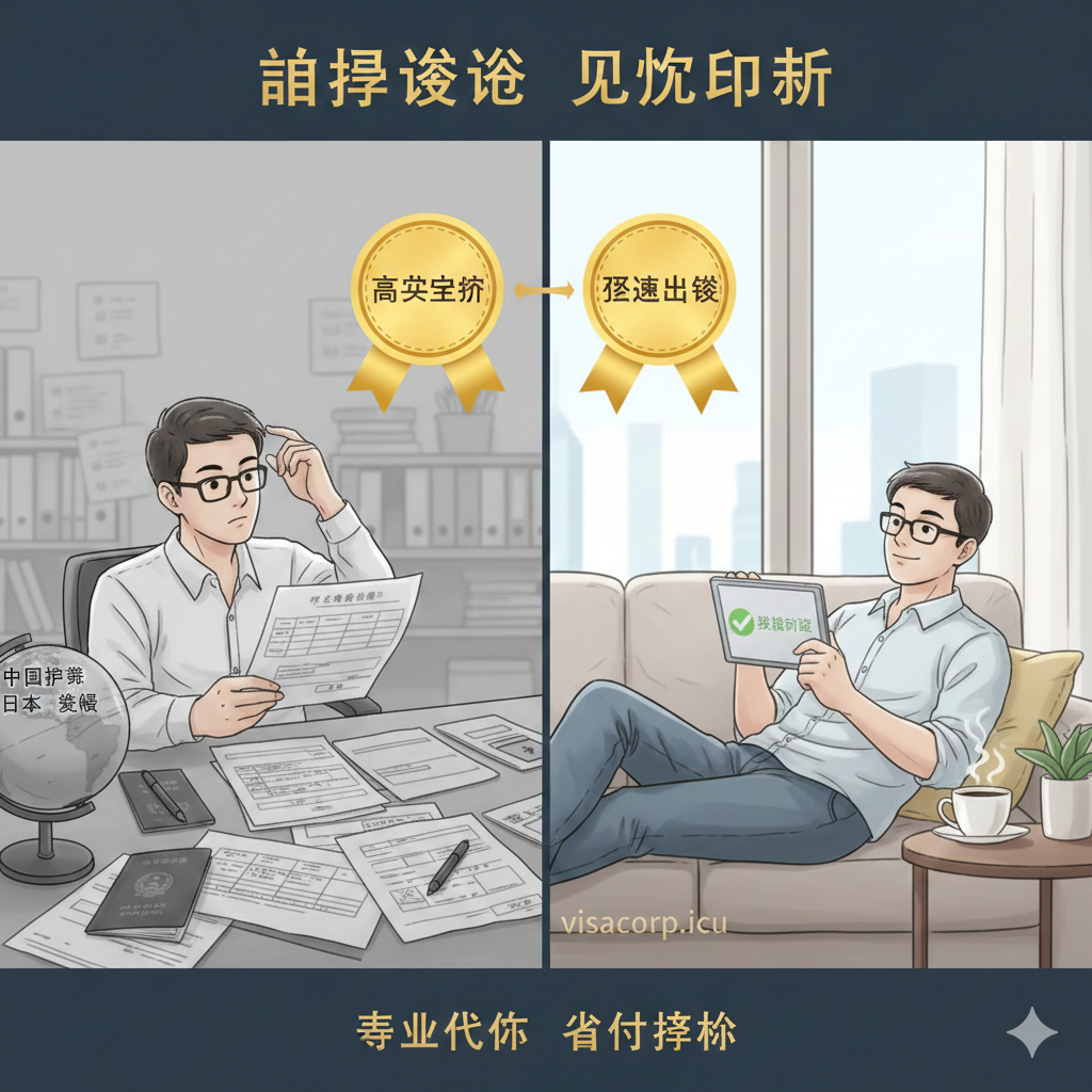 一张对比鲜明的概念图，左侧展示个人办理时的繁琐（堆积的文件、困惑的表情、复杂的表格），色调略显灰暗；右侧展示使用visacorp.icu服务后的轻松（一部显示“审核通过”绿色对勾的智能手机或平板、一杯咖啡），色调明亮清新。画面中间有“高成功率”和“极速出签”的金色徽章元素，强调专业代办省时省心的核心优势。
