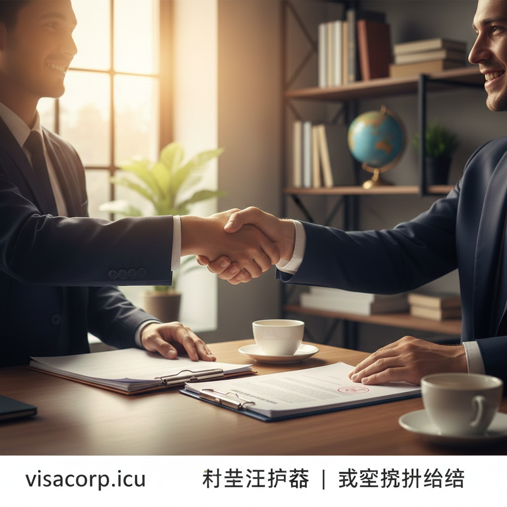 一张充满信任感和总结性的图片，描绘了一次成功的商务咨询场景。画面中一位身着正装的专业顾问（代表visacorp.icu）正微笑着与一位客户握手，桌面上摆放着整理好的申请文件和一杯咖啡。阳光从侧面洒入，营造出温暖、安心的氛围。图片右下角可以隐约看到'Approved'（已批准）的印章元素，象征着通过了解详细价格和流程后，最终成功获得身份的圆满结果。