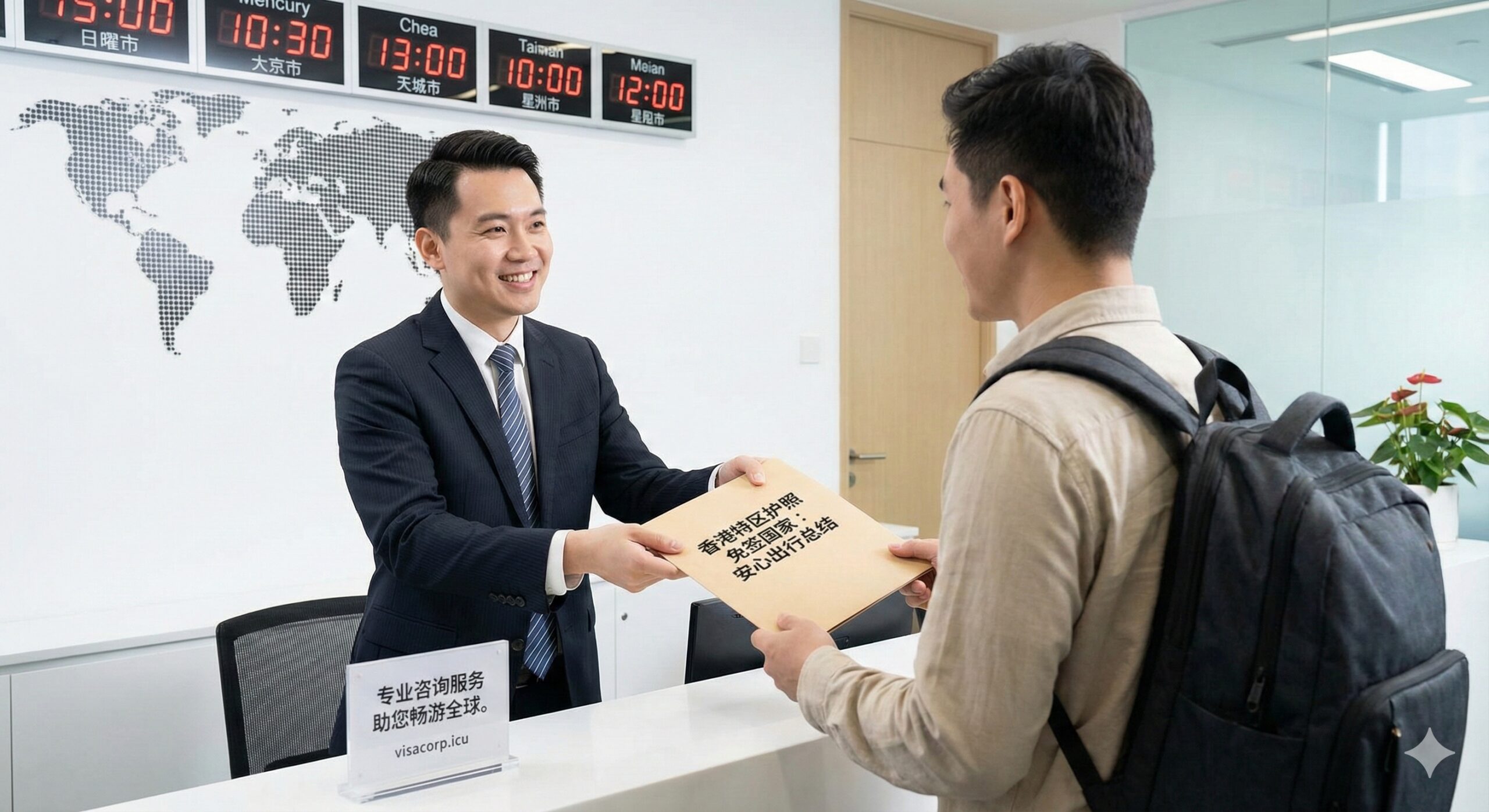 一张展现专业服务与安心出行的总结性图片。画面描绘了一位穿着整洁商务装的visacorp.icu签证顾问，微笑着向一位背着旅行背包的客户递交文件资料。背景是现代化、明亮的办公室环境，隐约可见世界时钟墙。图片传达出‘复杂行程有我们在’的安心感，色彩温暖且充满信任感，呼应文章结尾的咨询服务推广，鼓励用户在遇到复杂签证问题时寻求专业帮助。
