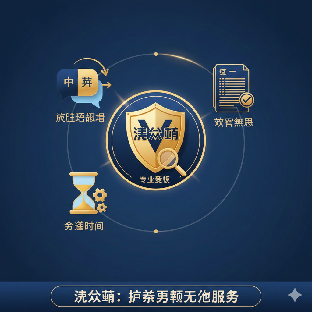 展示Visacorp代办服务的核心优势。画面中心应有一个带有Visacorp标志的盾牌或放大镜图标,象征专业审核和保护。周围环绕三个关键优势图标:1. 解决语言障碍(中英对照的气泡图标),2. 准确无误(带有✅的表格或文档),3. 节省时间(快速的时钟或沙漏图标)。整体设计风格应是专业、信赖感强,使用深蓝色和金色或亮绿色,营造出高效、无忧的服务体验。