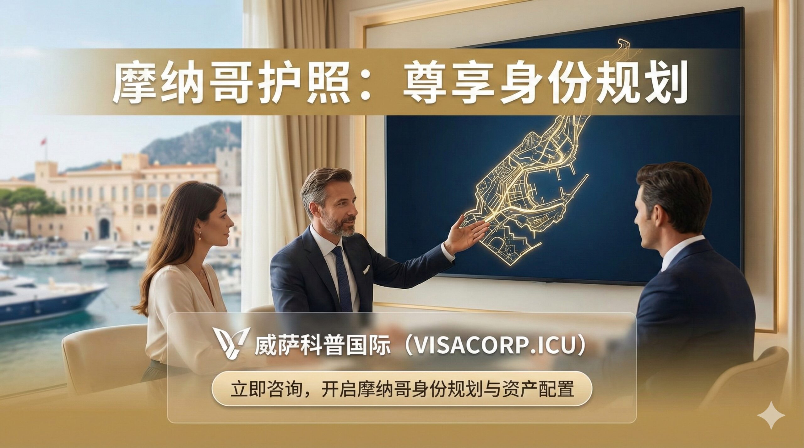 总结和行动呼吁图片。画面中心是一位专业的身份规划顾问(形象应专业、可信赖)正在与客户交流,背景是摩纳哥的地图或摩纳哥的地标性建筑如亲王宫,象征本地化的专业服务。画面下方嵌入一个半透明的Visacorp.icu标志和“立即咨询”的口号,营造紧迫感和专业信任。色彩温暖、亲和,鼓励高净值人士立即联系,进行'摩纳哥资产配置'与身份规划。