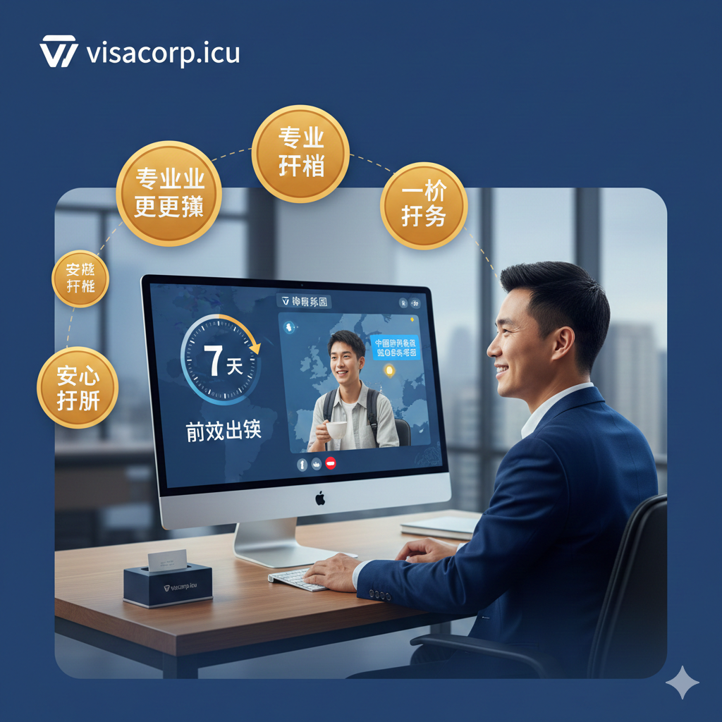一张突出 visacorp.icu 申根签证服务的优势图。画面以一个专业、可信赖的场景为主，一位身着正装、面带微笑的签证专家（或客服代表）正通过高清屏幕与一位旅行者进行在线咨询。屏幕上展示着清晰的“申根签证办理流程”或一个倒计时牌（代表高效出签）。色彩采用温暖的蓝色和金色，强调专业、高效和一站式服务。核心文字“专业一站式签证规划”或“政策实时更新”以图标形式围绕在专家周围，提升品牌信任感。