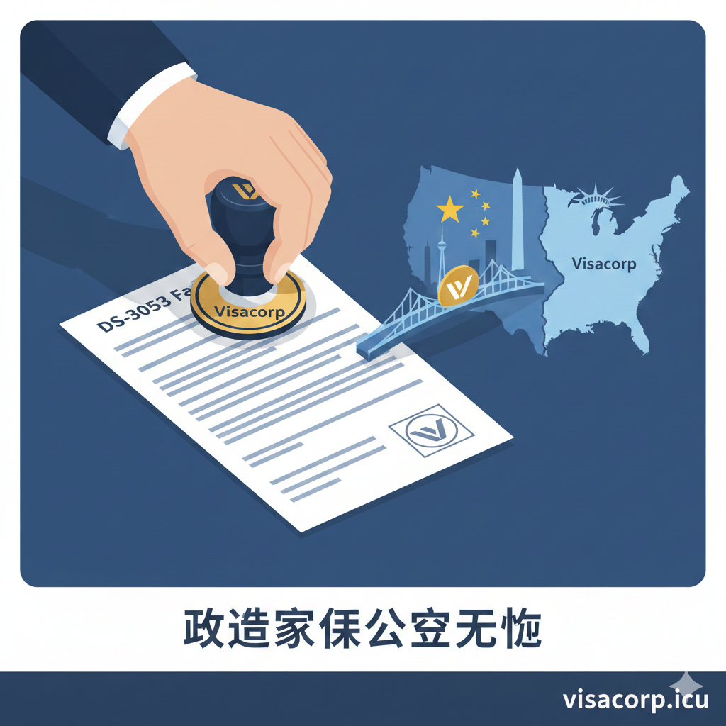 优势图需要突出Visacorp解决跨境家庭公证难题的能力。画面应是一个公证场景的抽象化表达：一只手在DS-3053表格上盖上公证印章（Notary Seal），表格旁边是一个清晰分割的地图，一边是中国（例如北京/上海的地标剪影），另一边是美国（例如自由女神像/华盛顿纪念碑剪影）。中间可以有一个Visacorp的标志或Logo，作为连接两方的桥梁。色彩主打Visacorp品牌色，传达“解决跨境难题”、“专业公证指导”的增值服务优势。