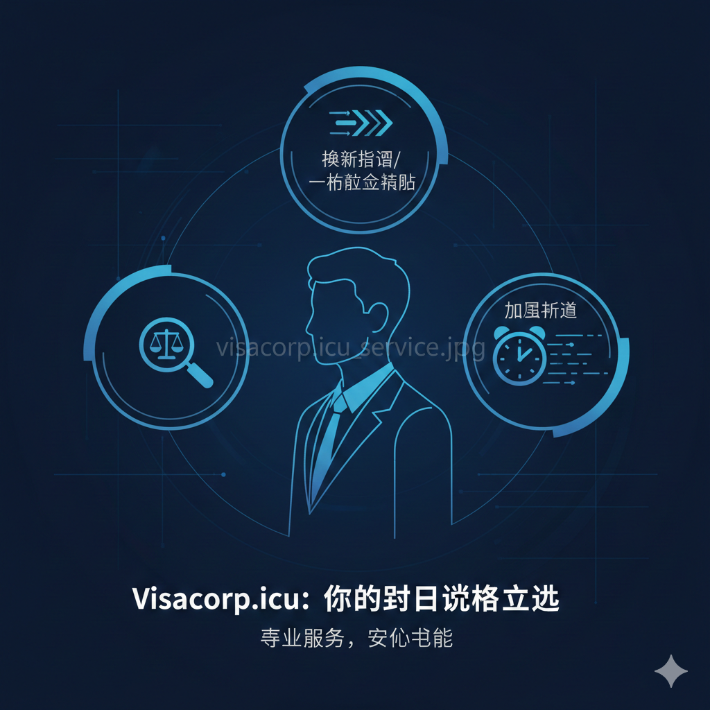 图片旨在展示visacorp.icu的专业优势和解决方案。构图中心是一个简洁的Logo或一个专业人士（穿着商务装的侧影，可以抽象化处理），周围环绕三个关键优势图标：1. 放大镜或天平（代表风险评估），2. 箭头或流程图（代表换新指导/一站式解决方案），3. 闹钟或跑道（代表加急通道）。背景可以采用科技蓝或专业的深色调，以增强可信度。整体风格现代、简洁、专业，重点突出服务如何解决客户的“护照有效期”焦虑。