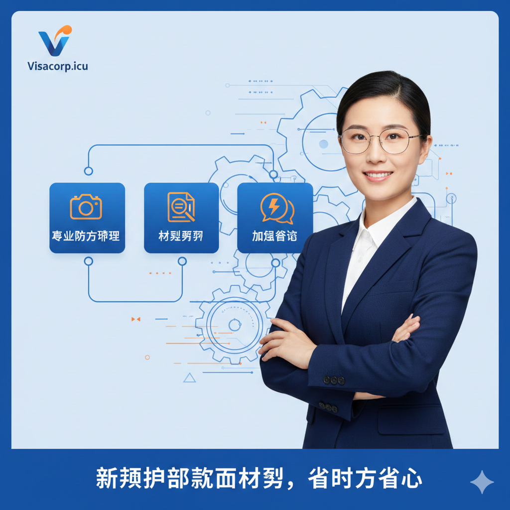 优势图，专门为Visacorp.icu服务做转化展示。图片应呈现专业、可靠的氛围。主体元素包括一个带着专业眼镜、面带微笑的客服代表（或抽象的专业人士），背景是象征高效和数据处理的流程图或齿轮。重点突出'专业照片处理'、'材料预审'和'加急咨询'这三个核心服务优势。使用蓝色和橙色的对比色，强调服务的快速和精准，并配有Visacorp.icu的品牌标识（虚拟）。