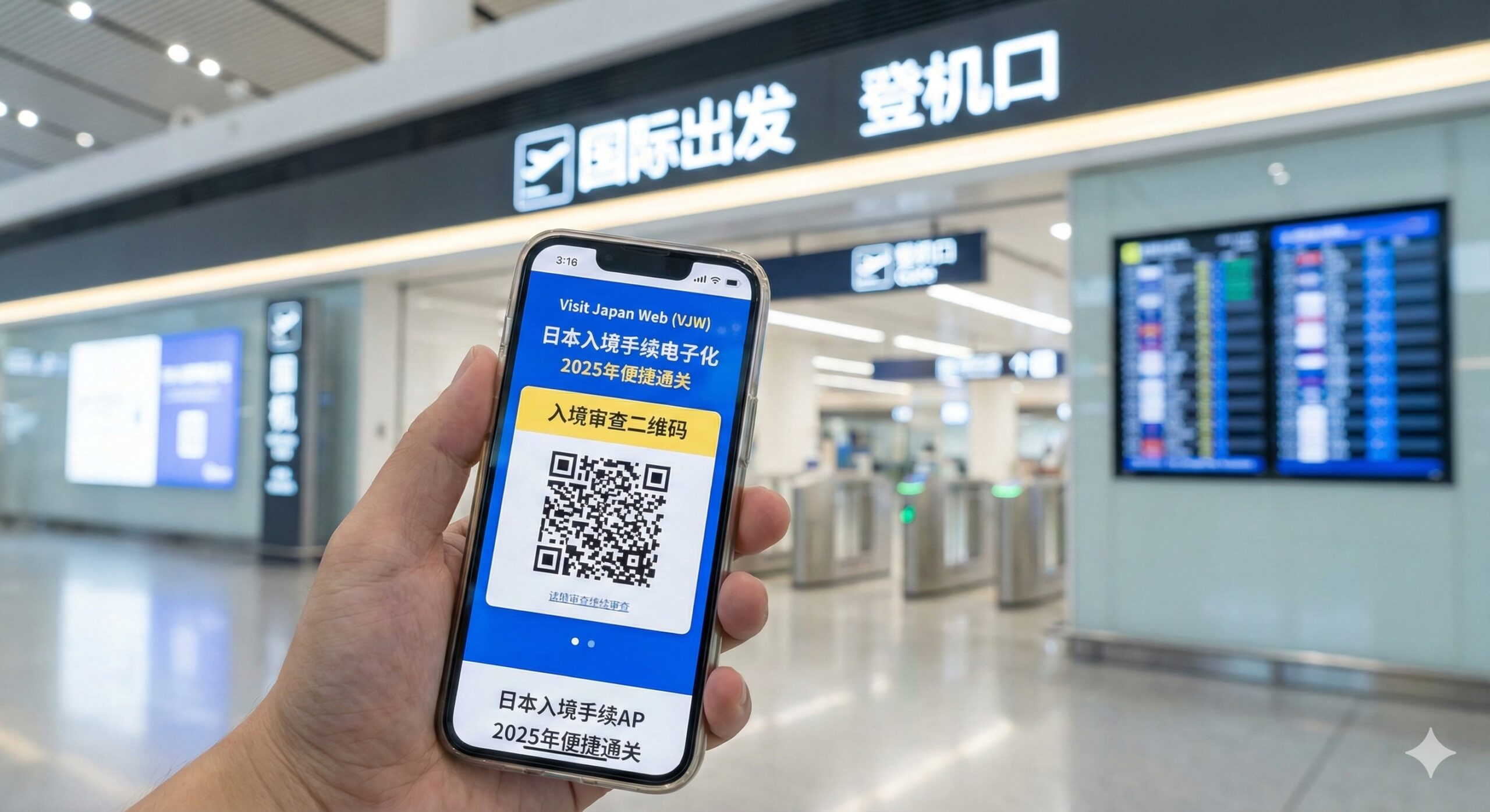 展示Visit Japan Web (VJW) 数字化入境流程的特写图。画面主要聚焦于一只手拿着智能手机,屏幕上清晰显示VJW系统生成的入境审查二维码(蓝色或黄色界面)。背景是现代化的机场航站楼或登机口,光线充满科技感,强调2025年日本入境手续的电子化和便捷性。