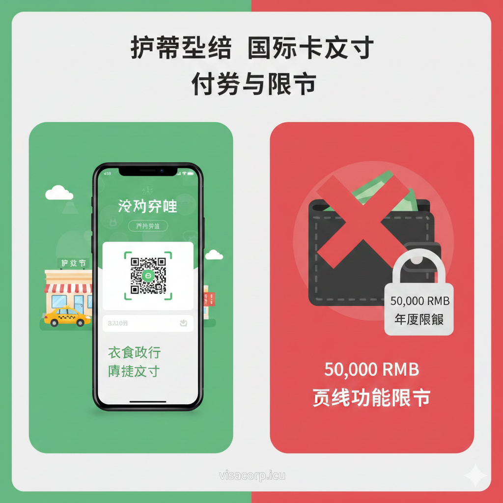 该图展示护照实名后使用国际卡的优势与限制（主要为年度限额和不能使用零钱）。画面分为左右对比两部分：左侧（优势）为一个手机扫码支付成功的界面，背景是商场或出租车的图标，强调“衣食住行便捷支付”。右侧（限制）则是一个被一个红色“X”号标记的钱包/零钱图标，并配上一个带有“50,000 RMB”字样的锁头图标，突出“零钱功能限制”和“年度限额”。整体采用对比构图，色彩左侧为积极的绿色，右侧为警示的红色，清晰传达国际卡支付的便利性与局限性。