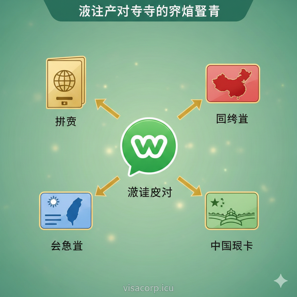 该图旨在展示微信支付支持的多种境外证件列表。画面中心是一个大型的微信支付Logo（或WeChat Pay图标），从该图标向外延伸出多个箭头，分别指向不同的证件图标。主要的图标元素应包括：护照（Passport）、回乡证（Home Return Permit）、台胞证（Taiwan Compatriot Permit）和中国绿卡的抽象化图标。配色以微信的绿色为主色调，搭配金色或银色突出证件的权威性，整体构图呈放射状或清单式排列，简洁明了，强调其“功能多样性”和“国际支持”。