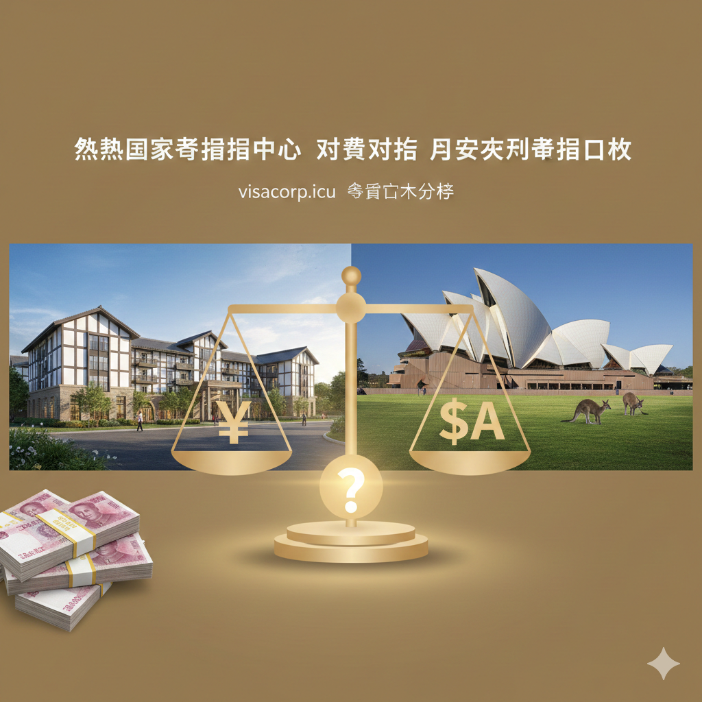 一张富有对比和全球化色彩的封面图。图片主体是左侧是中国的传统元素（如带有徽派风格的现代化养老中心局部或人民币堆叠），右侧是澳大利亚的标志性元素（如悉尼歌剧院或澳洲房产的温馨家庭场景）。中心用一个醒目的问号或天平图标连接，天平两端分别是人民币符号和澳元符号，突出“无锡国药康养照护中心 月费”与“澳大利亚养老成本”的对比主题。整体色调应采用稳重的大地色系和蓝绿色系，象征财富与健康。