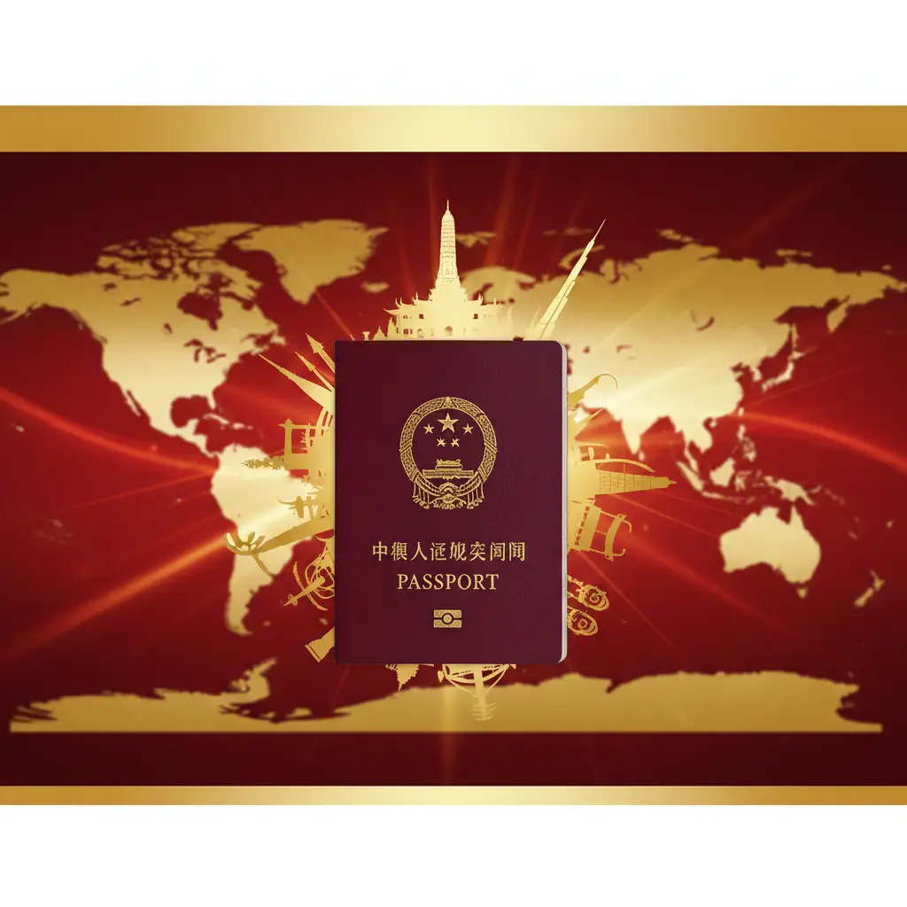 一张极具视觉冲击力的文章封面图。画面中心是一本深红色的中国护照，周围环绕着标志性的全球旅游元素，如新加坡鱼尾狮、泰国大皇宫和阿联酋哈利法塔的剪影。背景是虚化的世界地图，色彩以中国红、金色和纯净的白色为主调。构图采用中心对称，光影通透，上方留白方便添加标题文字，整体呈现出高端、权威且充满旅行向往的商务旅行风格。