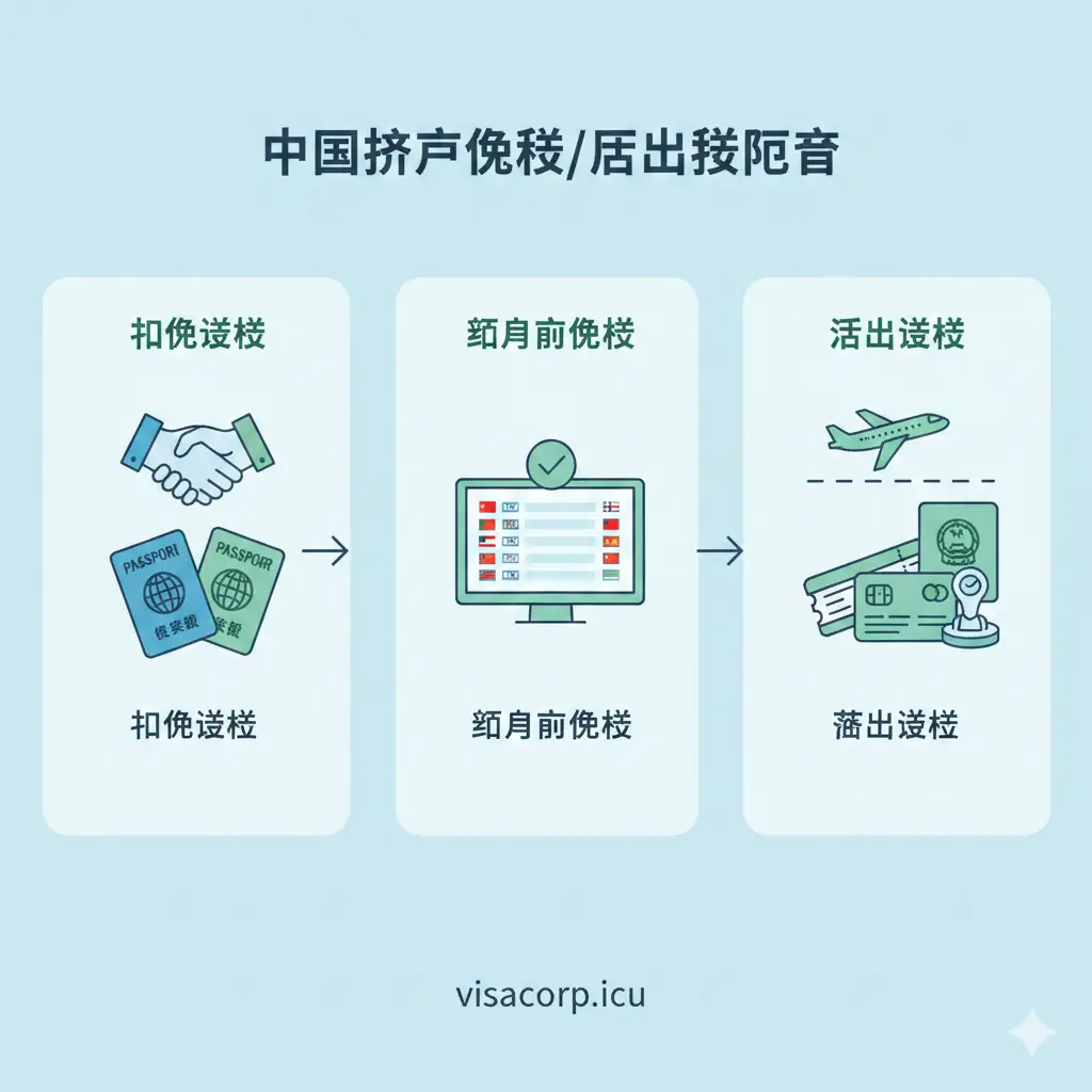 一张清晰的分类功能示意图。通过简洁的扁平化图标展示三种签证类型：互免、单方面免签和落地签。每个类别配有代表性图标，如握手表示互免，飞机着陆表示落地签。色彩采用清新亮丽的蓝绿色调，强调visacorp.icu的专业性。构图清晰地划分为三个区块，使用箭头或流程线引导视线，视觉元素包含护照印章、机票和电子屏幕，体现信息的数字化和条理化。