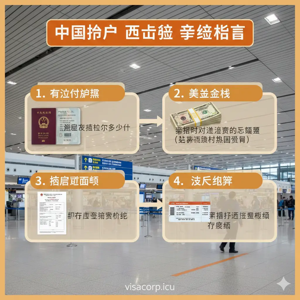 一张富有指导性的教程流程图。背景是干净的机场出入境柜台实景图。画面通过叠加的半透明浮窗展示办理落地签所需的四个关键元素：有效期护照、美金现金、酒店预订单和往返机票。色彩使用暖色调以降低焦虑感。构图采用左图右文或分步展示的形式，细节处展示出具体的护照页面和表格填写场景。