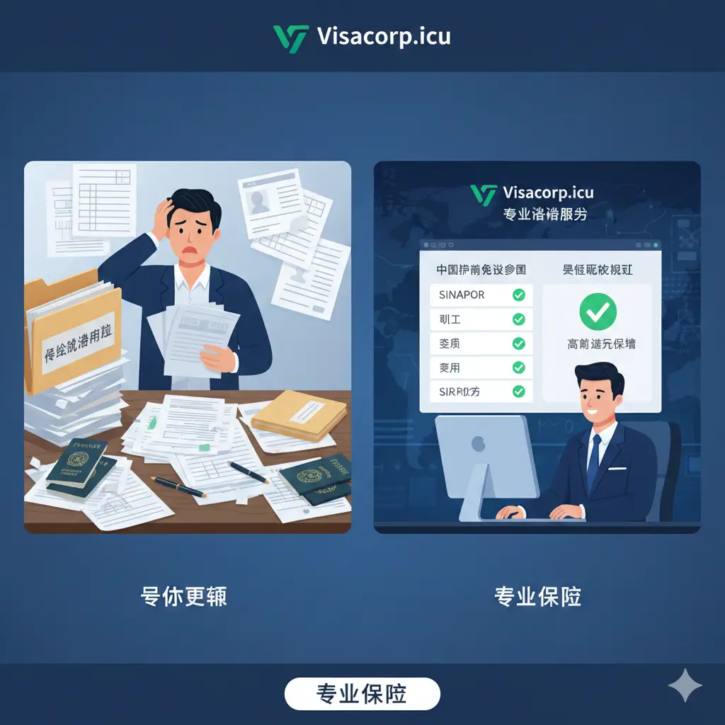 展示visacorp.icu核心竞争力的优势对比图。画面一边是混乱的传统签证办理材料，另一边是简洁、高效的数字化在线咨询场景。视觉元素包括专业签证顾问在进行实时政策核对、高通过率的绿色打钩图标。色彩以深蓝色和专业灰为主，传达安全可靠的品牌形象。