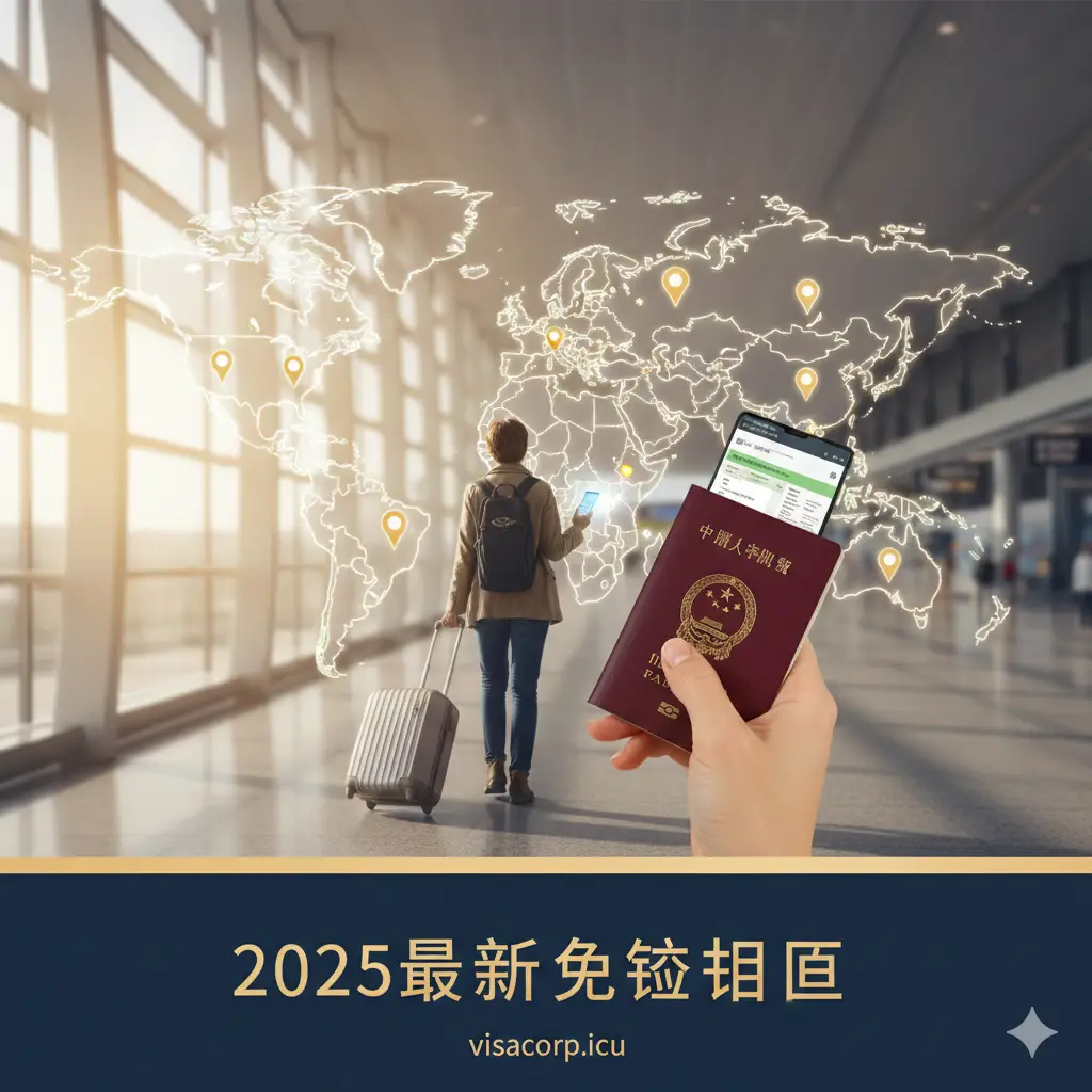 一张温馨且充满希望的总结性图片。画面展示一名持中国护照的旅行者在阳光明媚的异国机场航站楼自信前行的背影，侧面有行李箱和手机上的电子行程单。背景是明亮的世界地图轮廓，点缀着许多代表免签目的地的星标。画面下方通过精美的排版展示‘2025最新免签指南’字样。