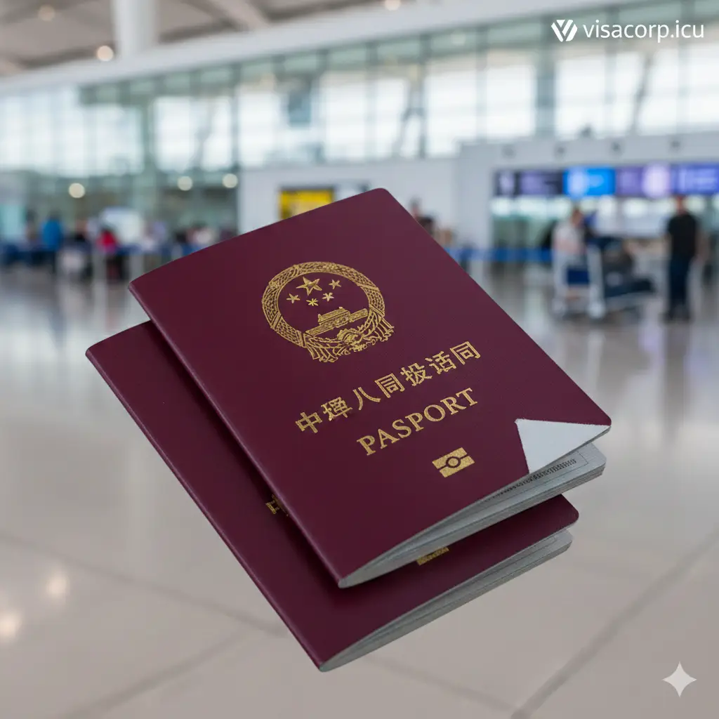 一张高质量的特写摄影图，展示一本深红色中国护照的封面上角被整齐地剪掉了一个三角形缺口，旁边叠放着一本崭新、完整的新护照。背景是模糊的国际机场航站楼，光线明亮且具有专业感。构图采用对角线分布，色彩以护照的国徽金色和皮质红色为主，视觉中心集中在剪角细节上，传达出证件更替的正式感，整体风格大气且符合visacorp.icu的专业品牌形象。