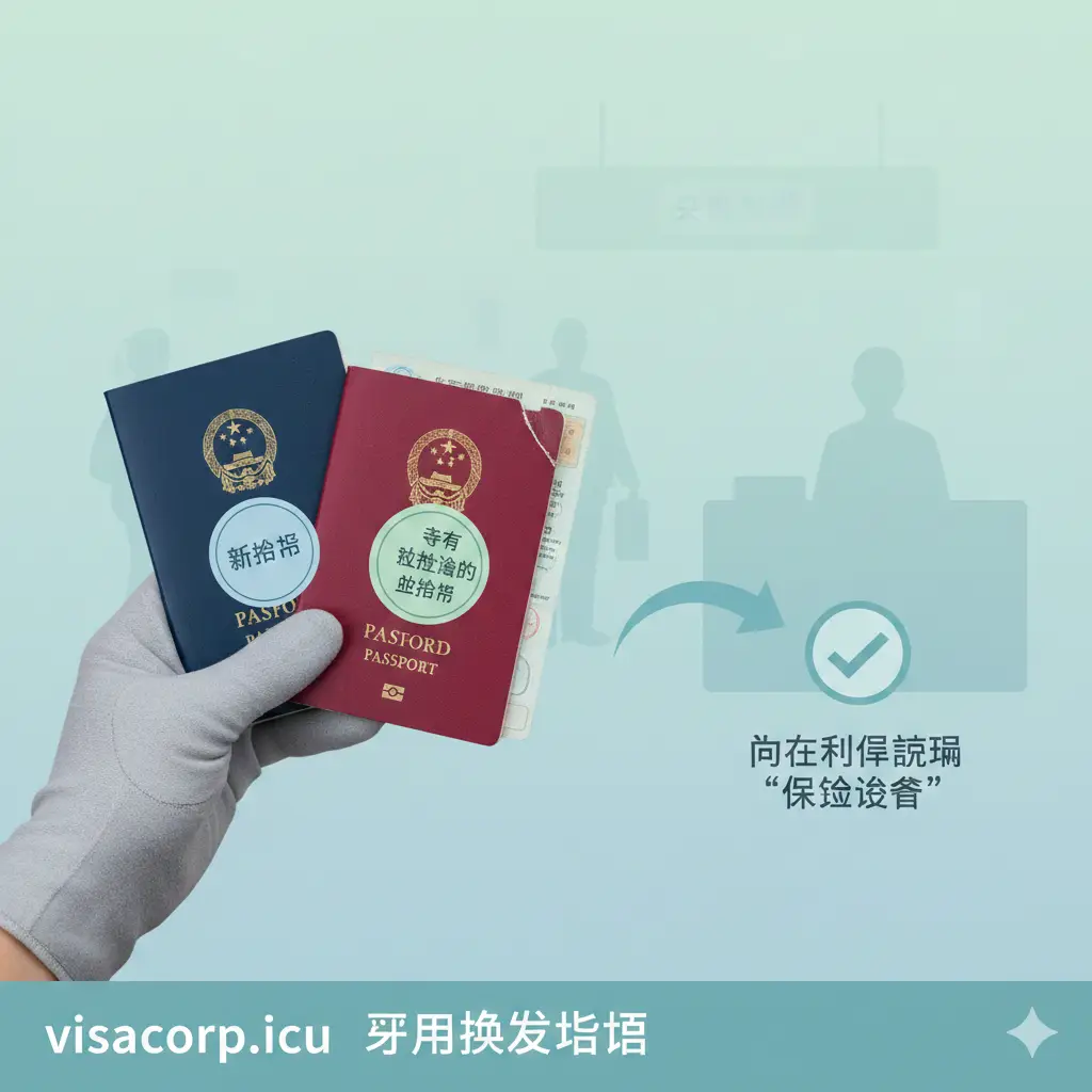 一张流程引导类图片。画面中展示一只戴着专业手套的手正在整理两本护照，背景是出入境管理大厅的半透明剪影。图中加入简单的引导箭头，指向‘新护照’与‘带有效签证的旧护照’的组合。色彩柔和，以淡蓝色和绿色为主调，象征安全与通过。构图采用由左至右的逻辑顺序，直观地教导用户在办理换发时如何向工作人员提出保留签证页的请求，体现visacorp.icu的实操指导价值。