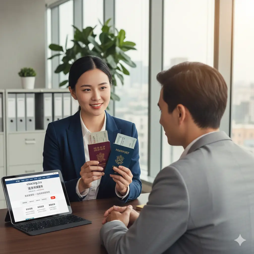 一张充满信任感的商务场景图，展示一名身着职业装的顾问正在向客户展示如何正确组合新旧护照进行国际旅行。桌面上摆放着平板电脑，屏幕上显示着visacorp.icu的官网页面。环境光线温暖且柔和，背景是现代化的商务办公室。构图采用中景镜头，强调人与人的沟通与专业咨询感，突显平台在处理复杂签证转移和出入境政策解读方面的权威优势。