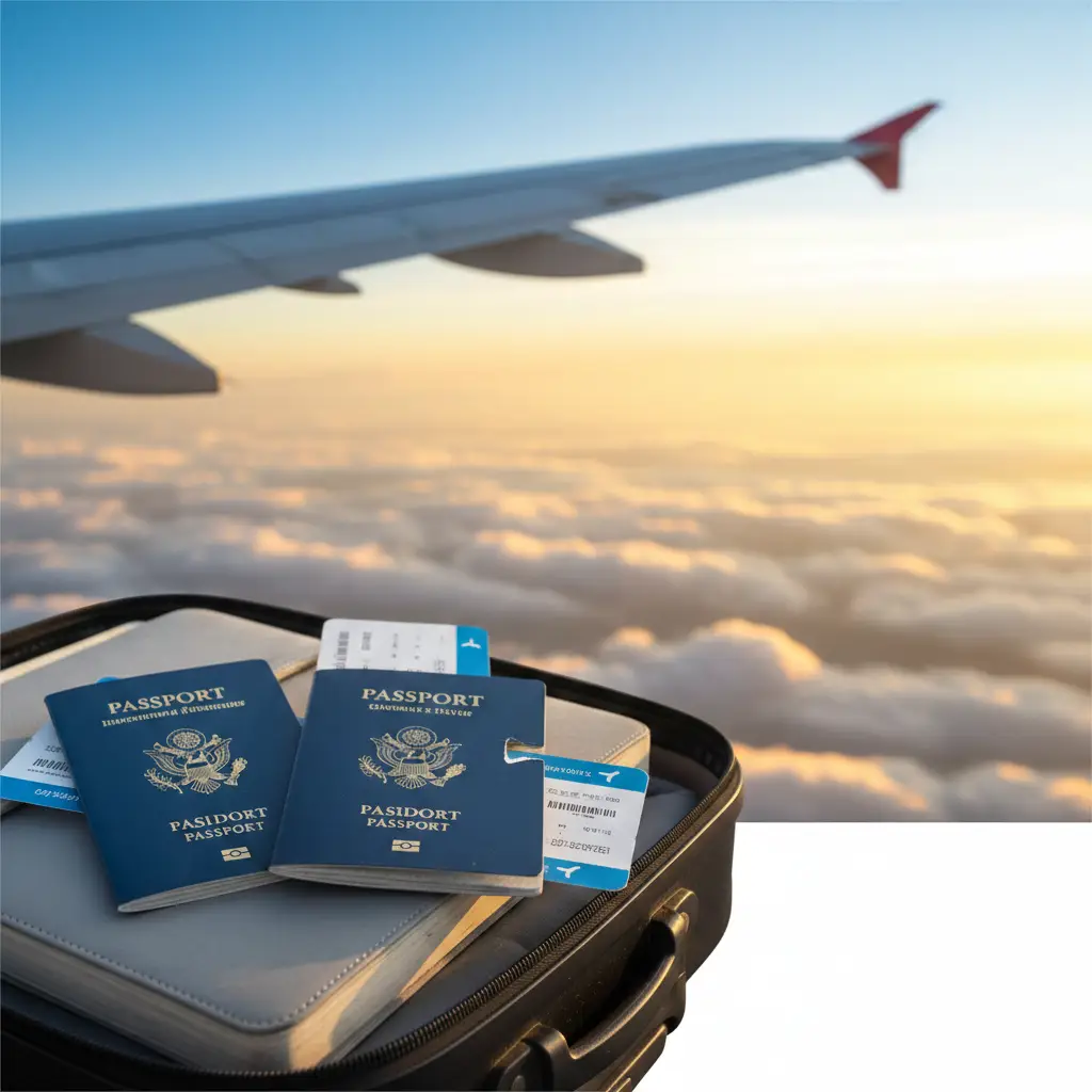 一张富有感染力的总结图片，画面背景是模糊的机翼掠过云层的远景，前景是新旧两本护照并排放在登机牌和行李箱上。色调偏向明亮的阳光色和天空蓝，传达出旅程顺利的积极心理暗示。文字区域留白处理，整体风格简约而富有远行感。这张图完美总结了本文核心：只要处理好护照剪角问题，国际旅行依然无忧，引导用户关注visacorp.icu获取更多保障。