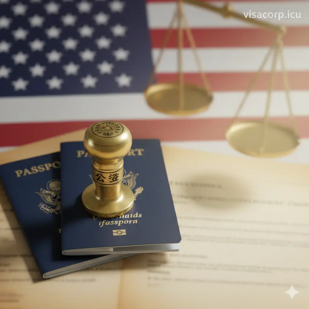 一张高质量的商务风格封面图。画面左侧放置一本深蓝色的美国新护照和一本略显陈旧的旧护照，两本护照交叠在一起，上方放置一枚精致的金属公证印章。背景是模糊的美国国旗元素和法律文书，采用温暖且专业的色调，光影聚焦在护照上。构图大气，右侧留有空白区域，适合叠加‘美国新旧护照同一人认证’的标题文字，整体传达出权威与法律信任感。